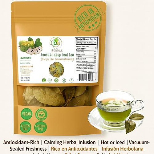 Miniatura 4 de Té de hierbas Guanábana (Guanábana)  3.5 oz (100 g) Hojas secas  100% natural, vegano, sin OMG, sin azúcar, sin cafeína  Infusión de hierbas rica en