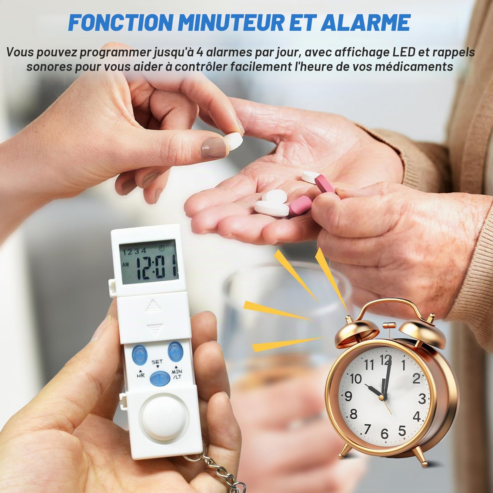 Sporgo Pilulier 7 jours avec alarme : pilulier 4 compartiments, boîte à médicaments 7 jours avec minuterie et rappel de réveil, distributeur de comprimés portable organisateur de médicaments