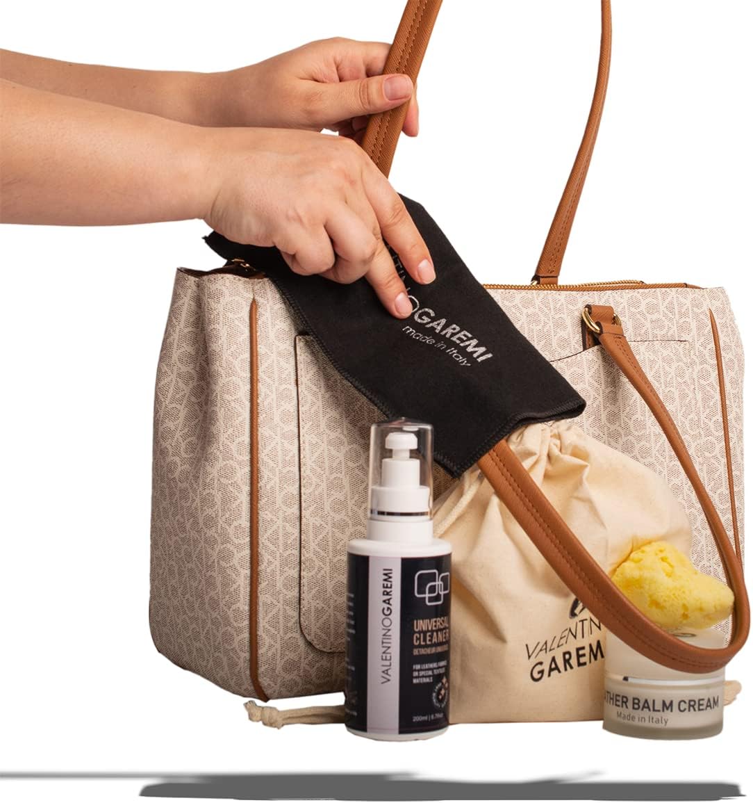 VALENTINO GAREMI Purse Care Kit – Leather Cleaner & Balm with Sponge and Cloth – Safe for Designer Bags, Purses, Totes, Handbags, Suede & Nubuck – Made in Italy