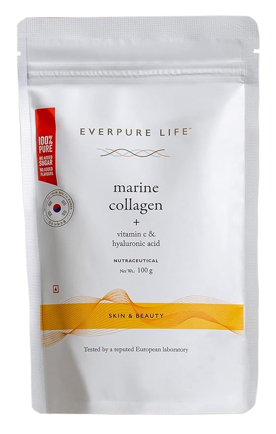 Everpure Life Korean Hydrolysed Marine Collagen Powder with added Vitamin C and Hyaluronic Acid for Healthy, Glowing Skin - Pure Type I Collagen Peptides? - No added sugar/flavouring/additives and Sustainably Sourced - 100g