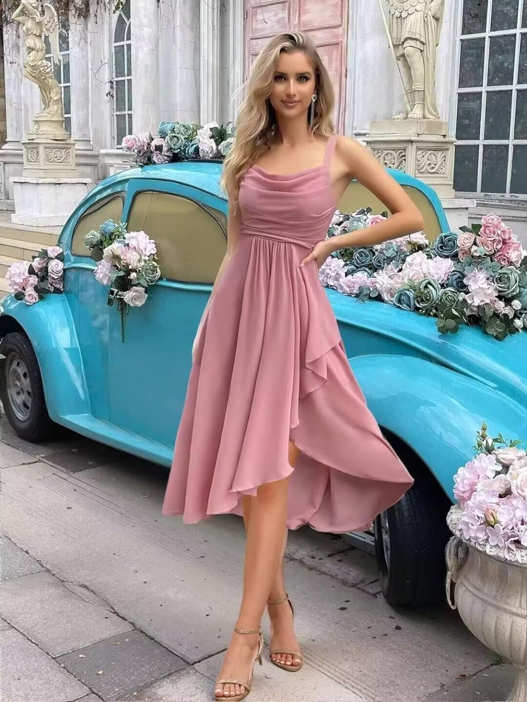 Short Bridesmaid Dresses for Women Spaghetti Straps Cowl Neck Formal Dress for Wedding Guest with Slit
