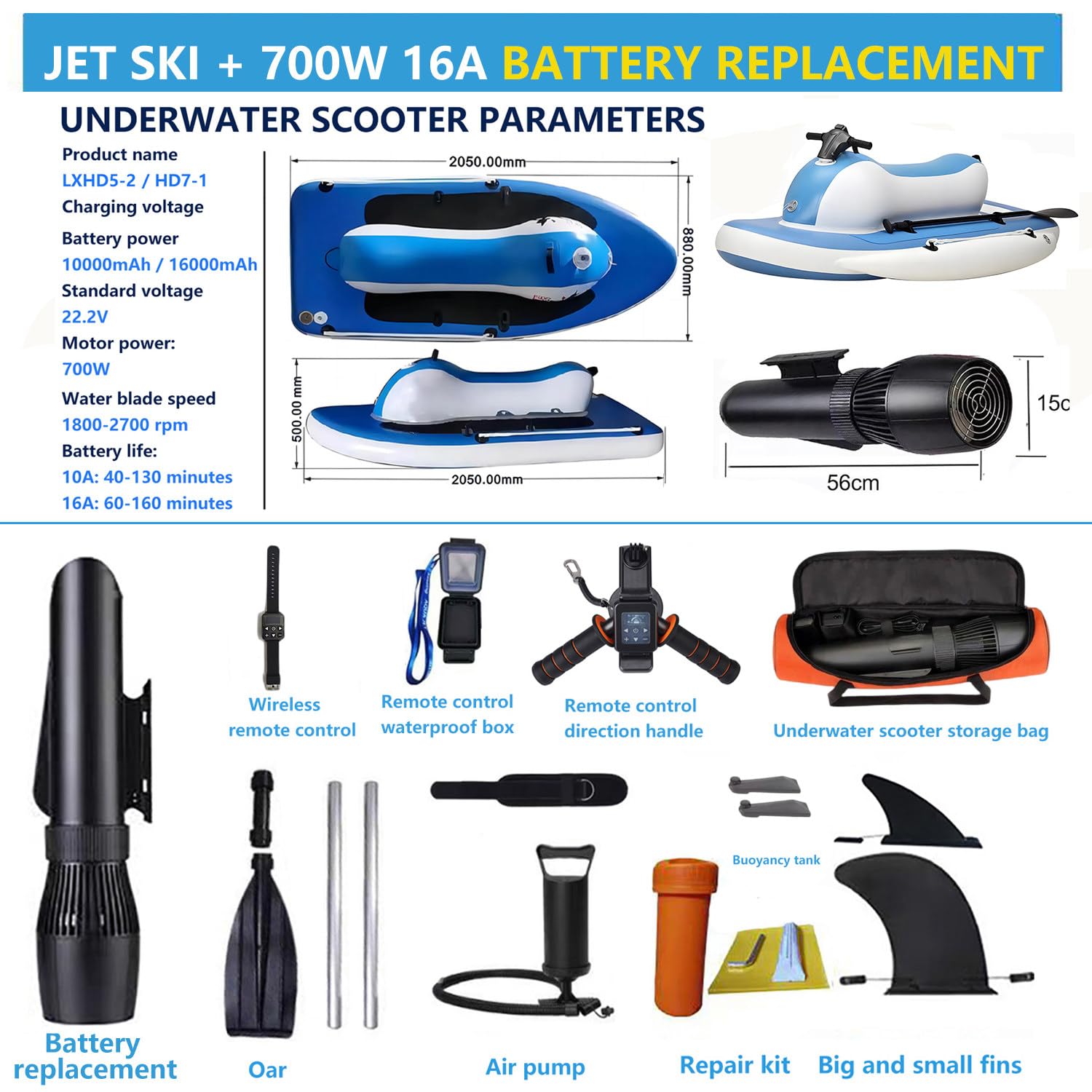 Moto d acqua gonfiabile elettrica, Barca a motore elettrico estiva da 500 W/700 W per 2 adulti, utilizzabile per 130/160 minuti, giocattolo per feste in piscina e sport acquatici 700WPRO16A