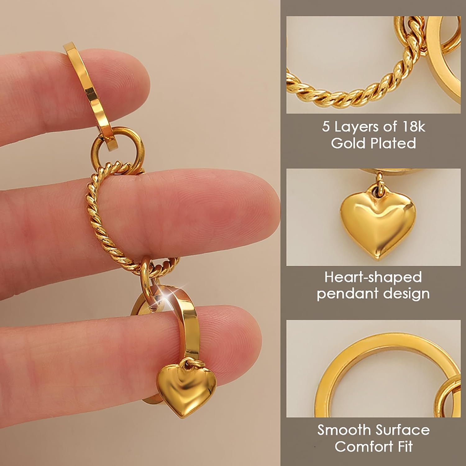 JINHUI 18k Gold Plated Rings Interlocked Stackable Rings for Women,Non Tarnish Statement Ring Set With Dainty Cubic Zirconia Stainless Steel Multi Ring Stack Charms Ring Fashion Jewelry for Women (heart, Gold, 8) - Image 3