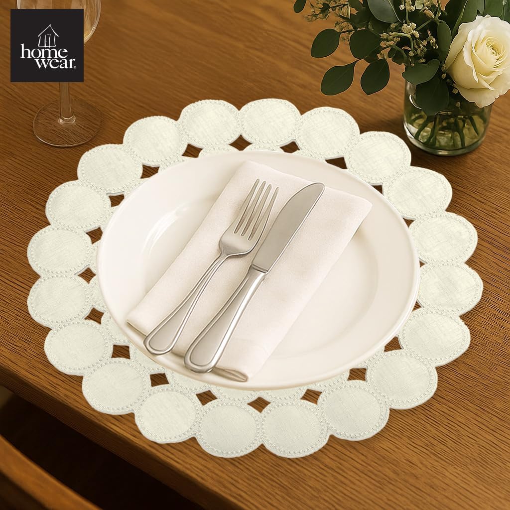 Bubbles Cutwork Set of 4 Round Placemats for Dining Table and Kitchen, 15 Inch Round, 100% Polyester, Oversized Family Holiday Party Everyday, Natural