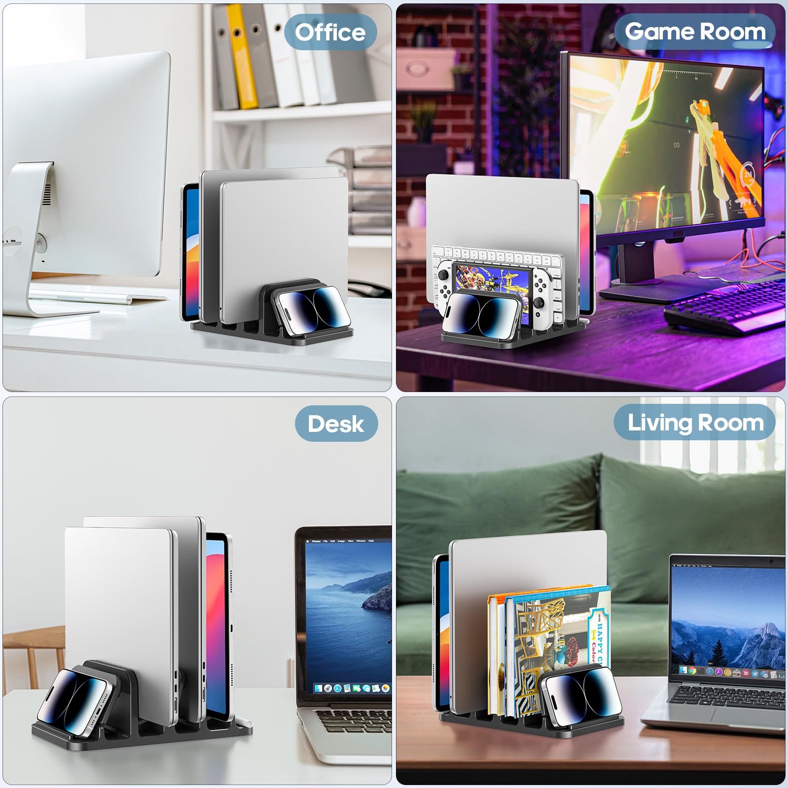 KDD Pionowy stojak na laptopa z blokadą grawitacyjną, uchwyt na laptopa 6 w 1, organizer oszczędzający miejsce pasuje do MacBooka/Surface/Samsung/HP/Dell/Book/tablet/Switch i telefonu komórkowego