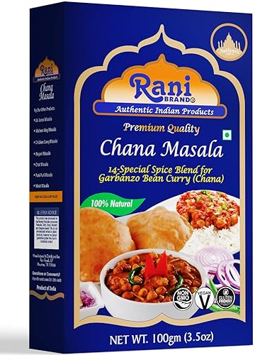 Rani Chana Masala (mezcla de curry Garbanzo 15 especias) 3.5 oz (100 g)  Todo natural  Vegano  Sin colores  Apto para gluten  Sin OMG  Origen indio