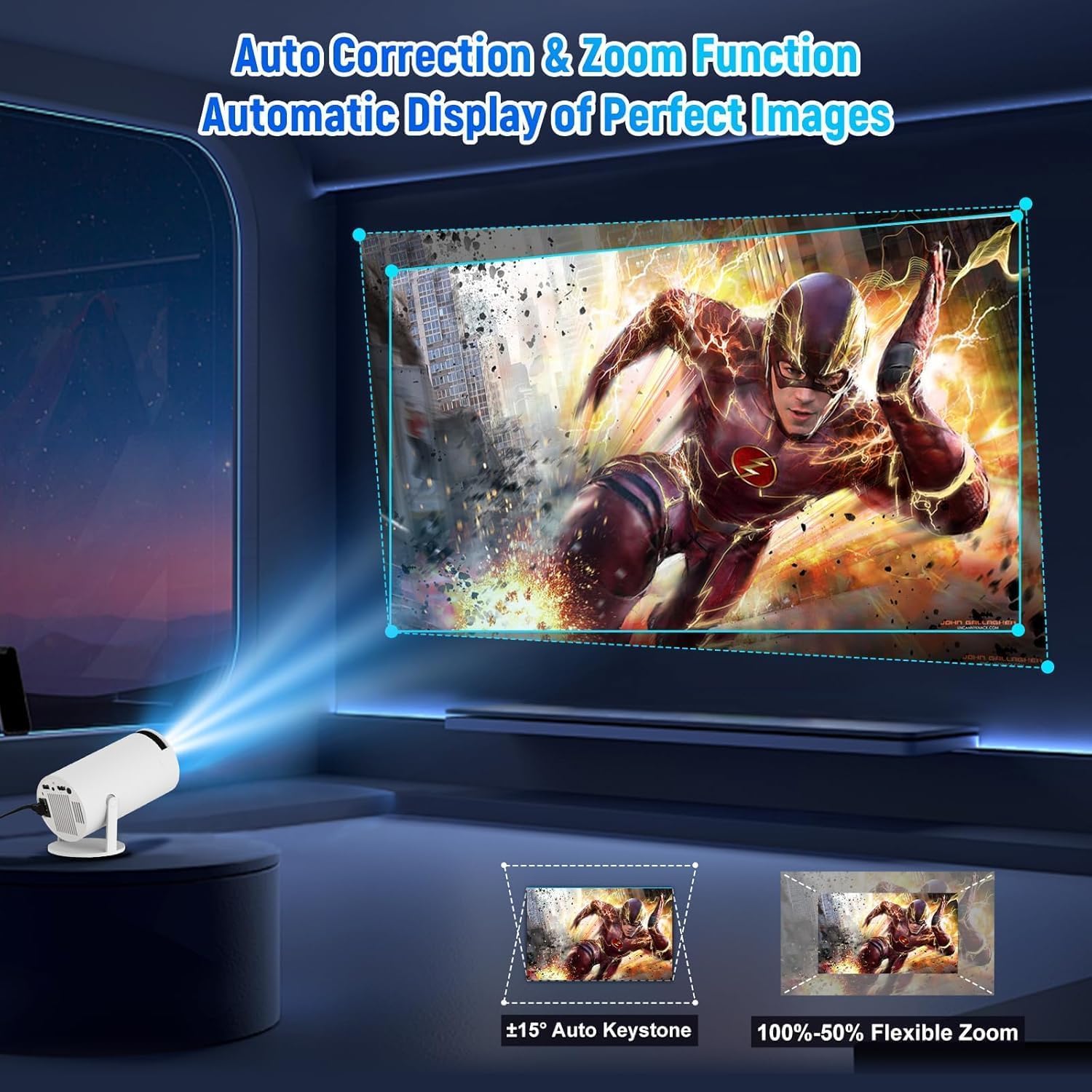 Mini proiettore 4K Supporto Android 11 2 GB RAM 16 GB ROM WIFI 6 BT 5.4 40"-130'' Proiezione Correzione Automatica della Distorsione Trapezoidale Proiettore Girevole a 180° (Bianco)