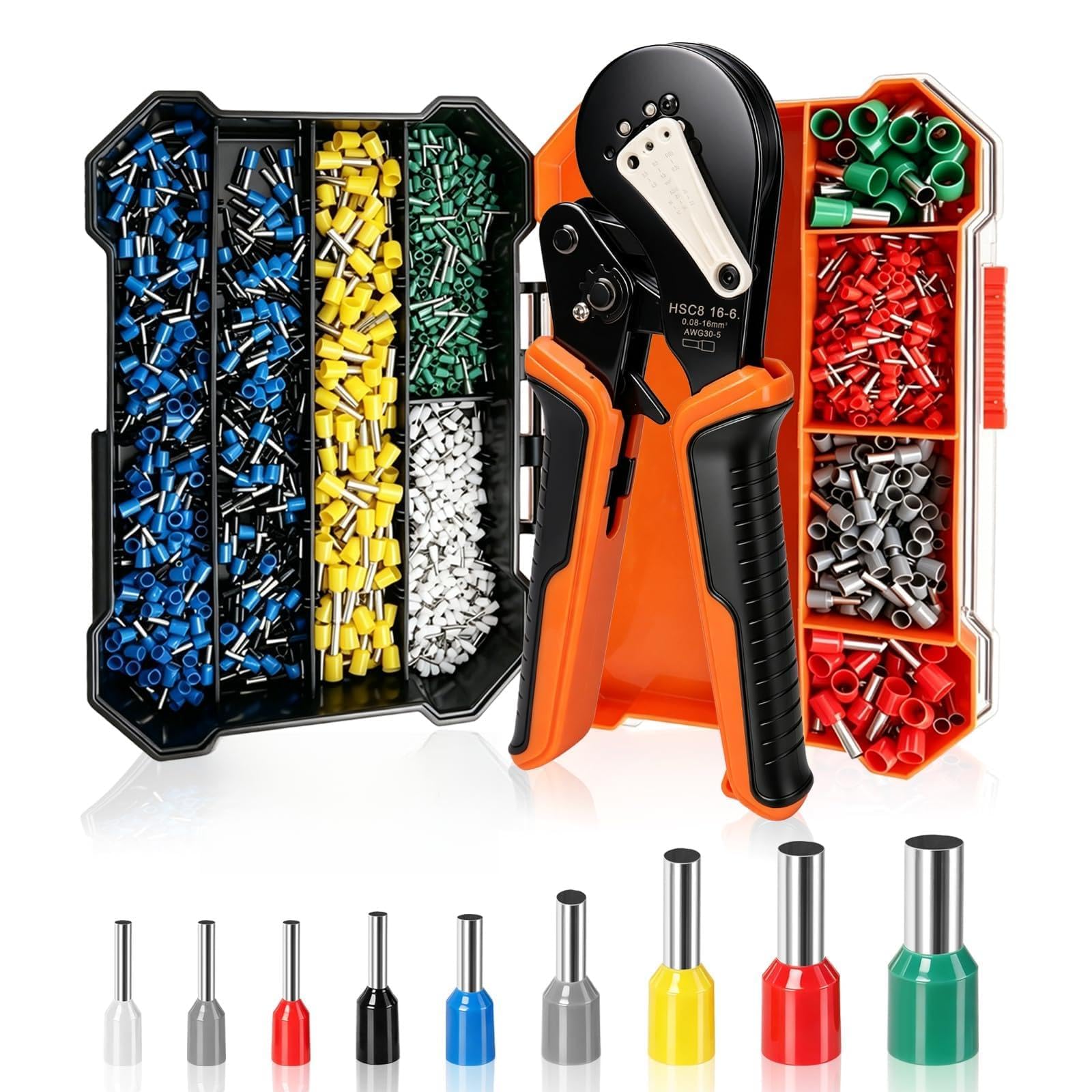 Pinza Crimpatrice con 1500 Puntalini Elettrici 0,08-16mm²/AWG 30-5 | Pinza per Terminali, Crimpatrice Autoregolante, Pinza Crimpatrice Esagonale, Autoregolante a Cricchetto per Cavi Isolati
