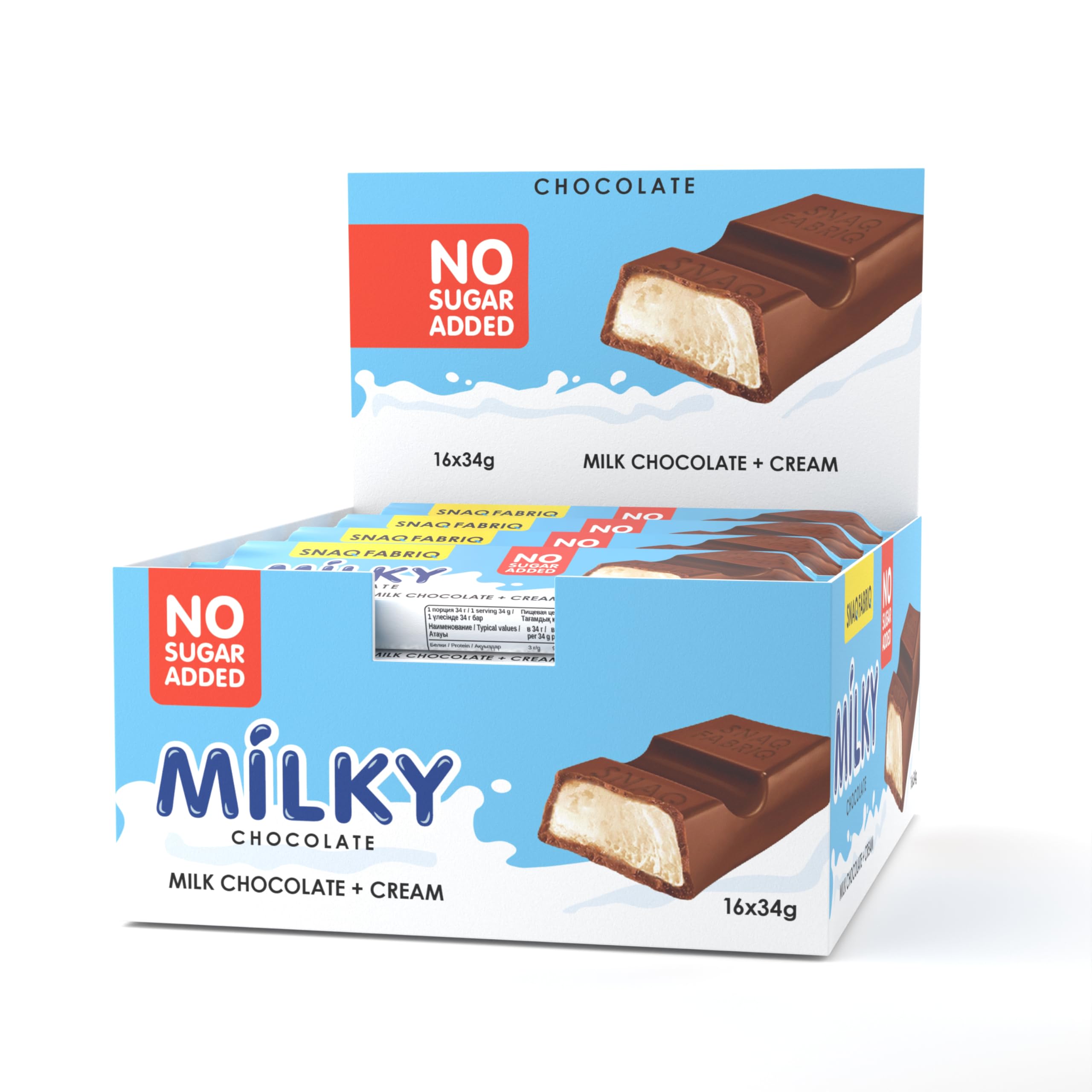Snaq Fabriq Milky Chocolate Bar with Milk Chocolate and Cream Filling No Sugar Added 16x34g