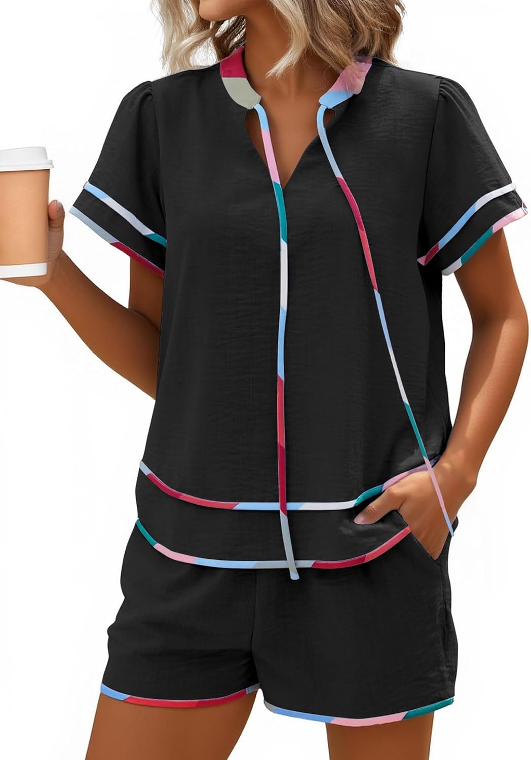 ECOWISH Women's 2 Piece Outfits Casual Summer Short Sleeve V Neck Color Block Lounge Sets for Beach Vacation