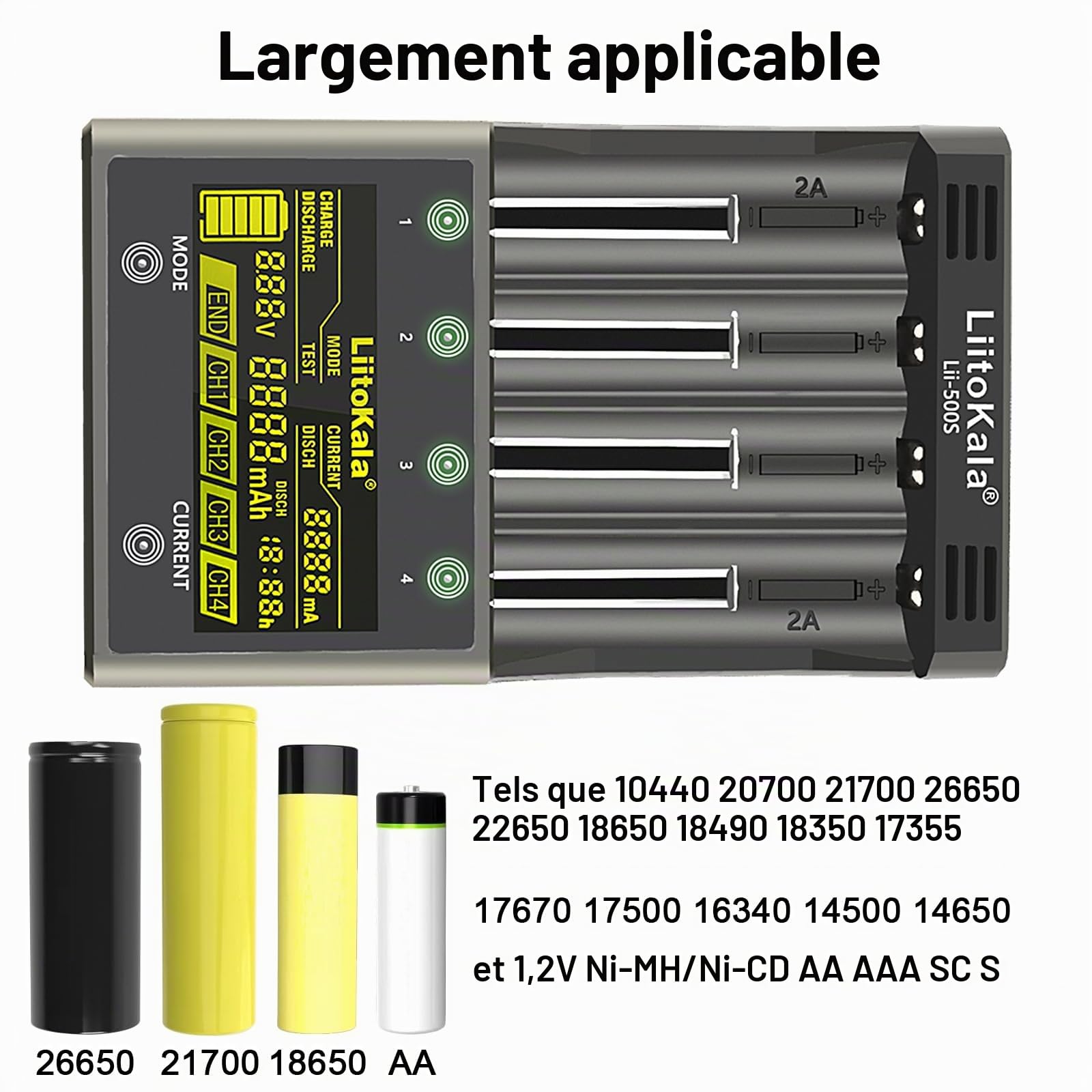 LiitoKala Lii-500S 18650 Chargeur de batterie rapide avec écran LCD Contrôle tactile Chargeur de batterie AA 4 emplacements avec adaptateur 12 V 3 A pour 10400 21700 Li-lion AA AAA Ni-MH Ni-CD