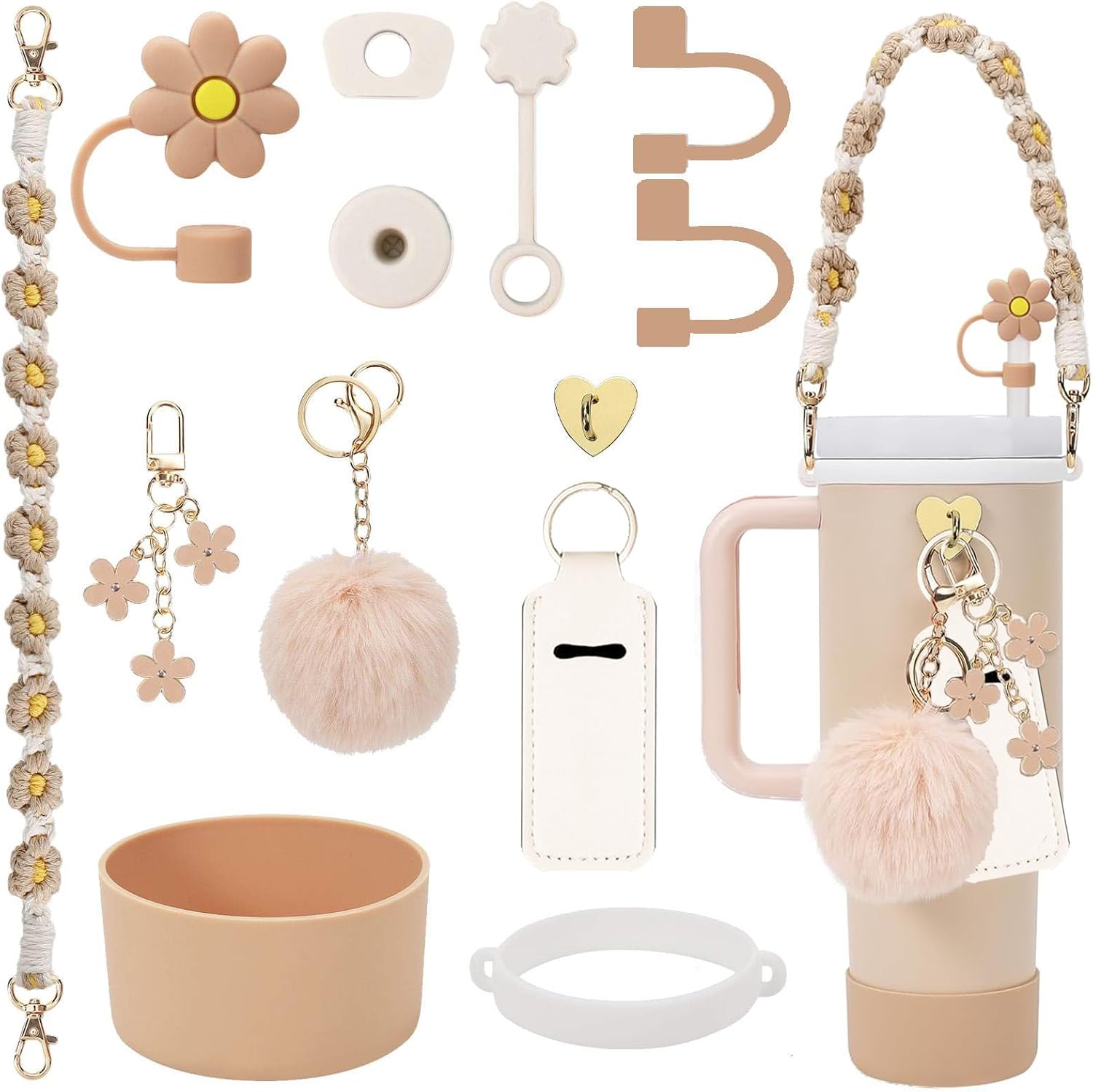 Stanley Cup Accessories Set Including Water Bottle Handle Strap, Siliocne Stanley Cup Boot, Siliocne Straw Cover, Stanley Charms for Stanleys Cup 40oz & 30oz Tumbler