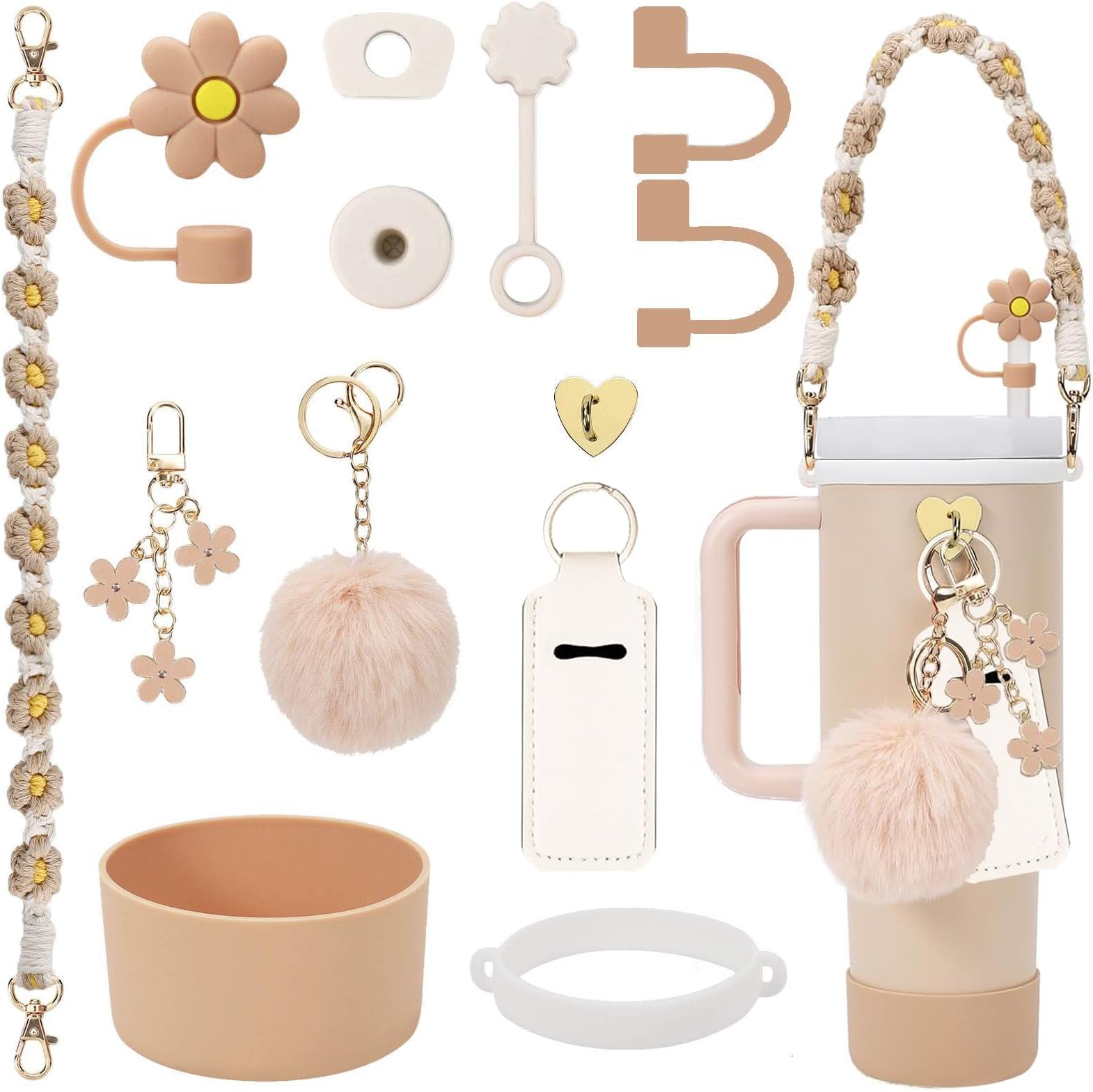 3tyto 13 Pcs Stanley Cup Accessories Set Including Water Bottle Handle Strap, Siliocne Stanley Cup Boot, Siliocne Straw Cover, Stanley Charms for 40oz & 30oz Tumbler (Almond Rose)