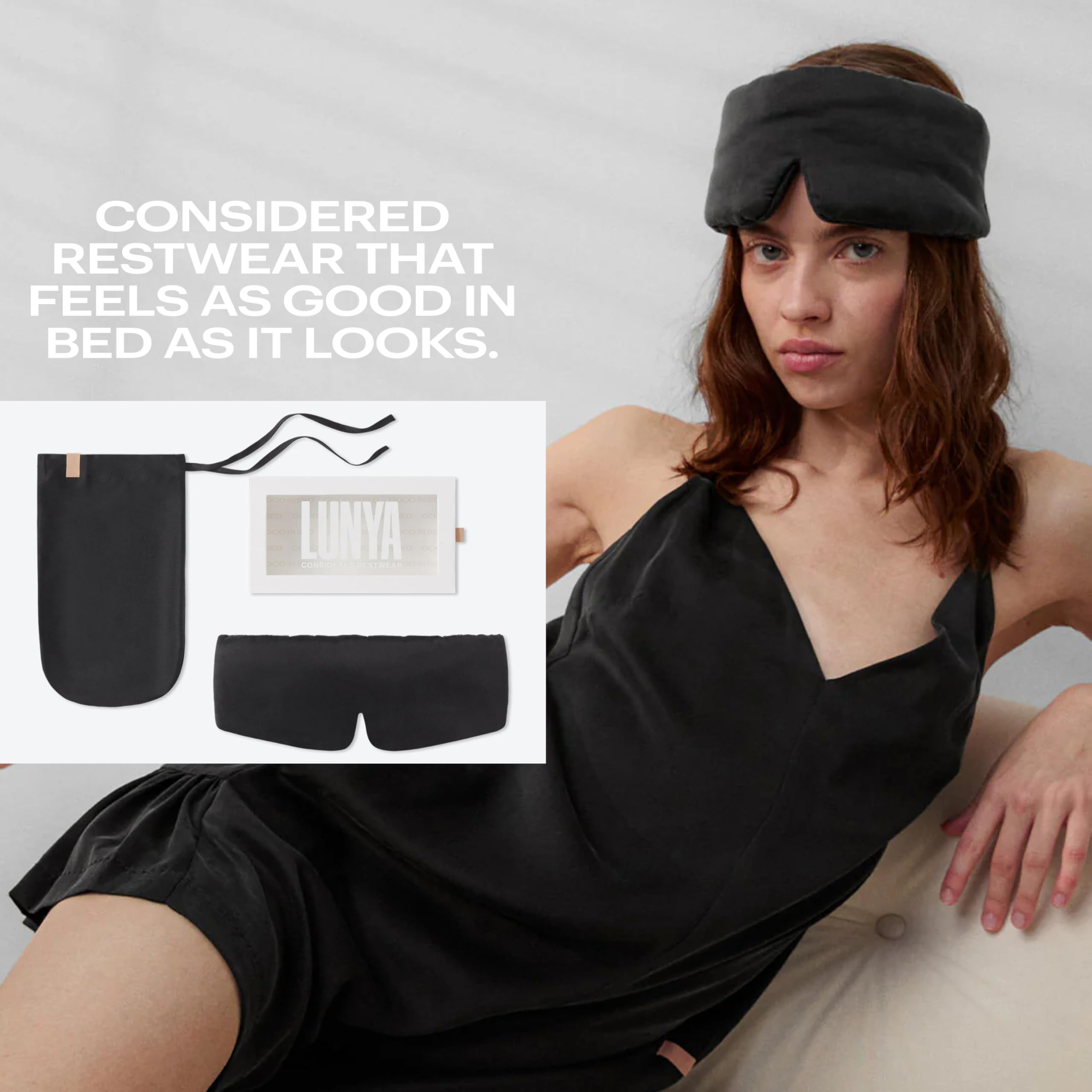 Lunya LUSK7000 - Antifaz de dormir de seda lavable para mujer, color negro inmerso, talla S | Seda lavable