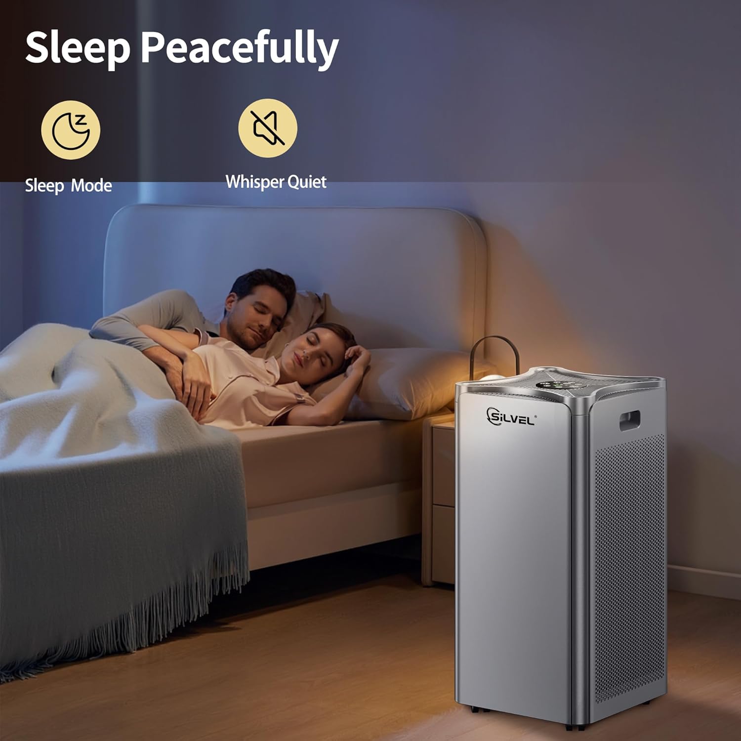 Air purifier operating quietly in a bedroom while a couple sleeps.