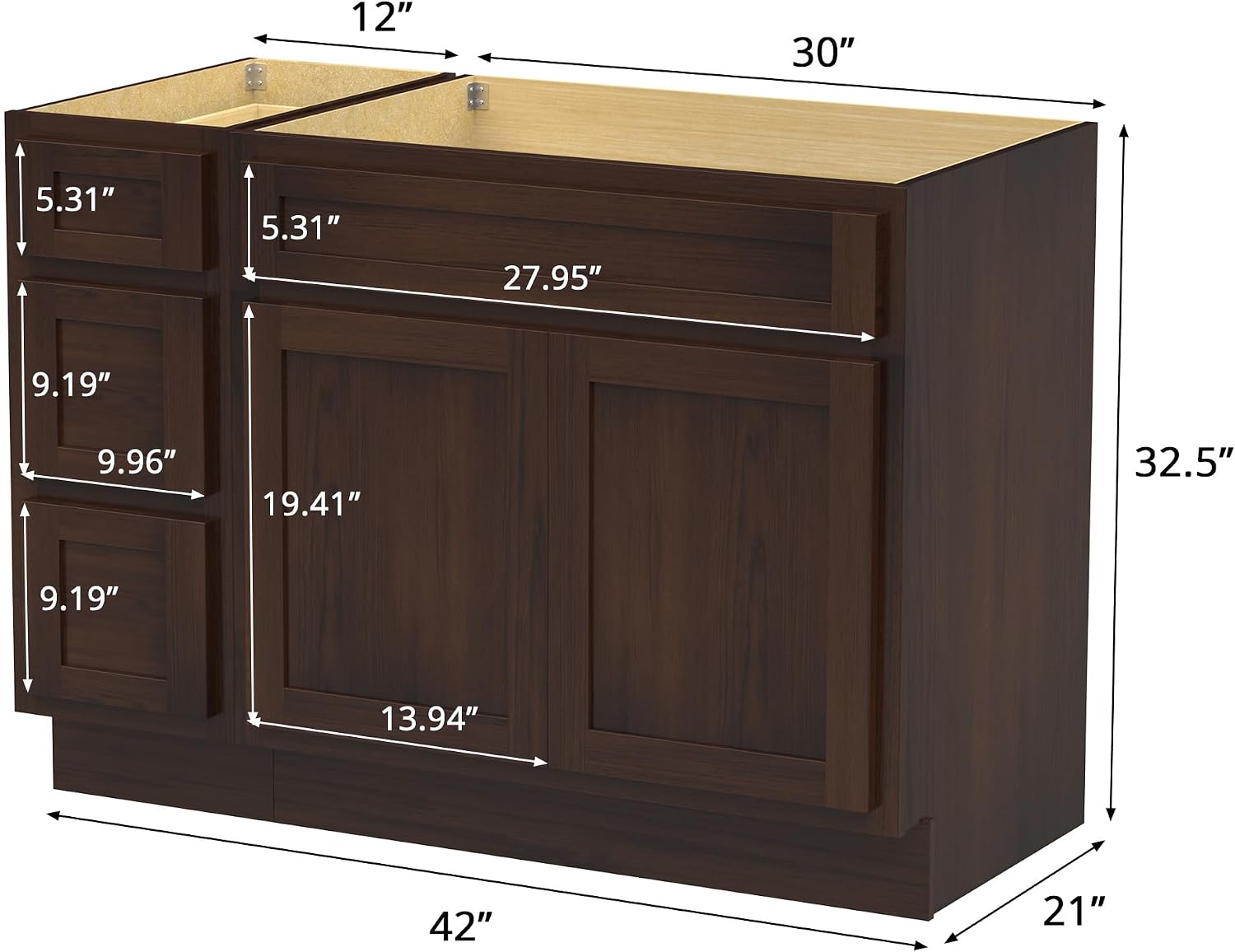 Interior view of the 42-inch brown bathroom vanity base with drawers pulled out and cabinet doors open, revealing storage space.