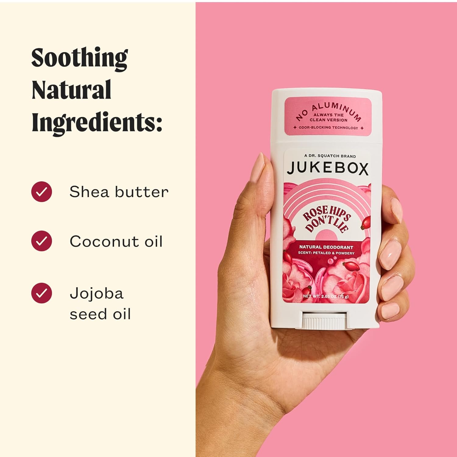 JUKEBOX Natural Deodorant for Women–Rose Hips Don't Lie Scent-Aluminum-Free, No Baking Soda, No Harsh Chemicals, Odor Blocking Technology, Rose, Praline, Lemon Zest-a Dr. Squatch Brand-2.65oz - Image 5