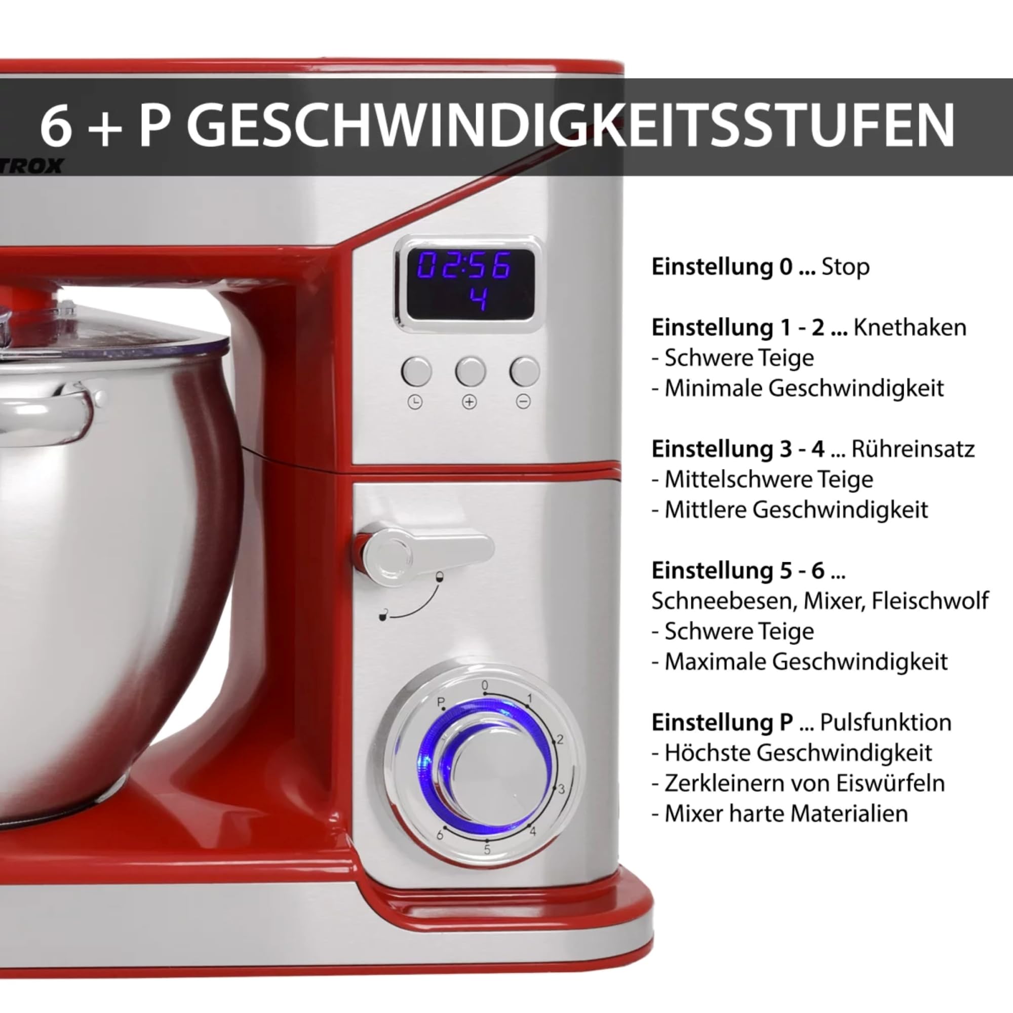 Syntrox Küchenmaschine Rot Edelstahl 10 Liter Küchengerät & Fleischwolf, Leistungsstarke Rührmaschine, 2000W, Multifunktionale Küchenmaschine, Edelstahlschüssel