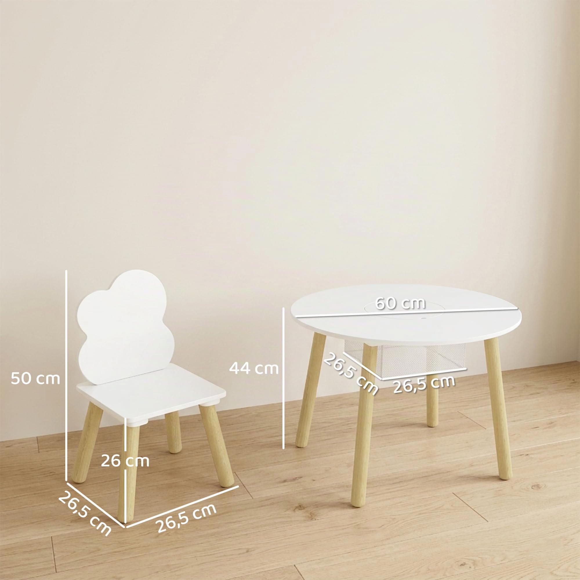 AIYAPLAY Mesa Infantil con 2 Sillas, Bolsa de Malla, Tema de Nube, Blanco | Mesa y Sillas Infantil, Niños y Niñas de 3-6 Años, Hogar, Guardería, Aulas
