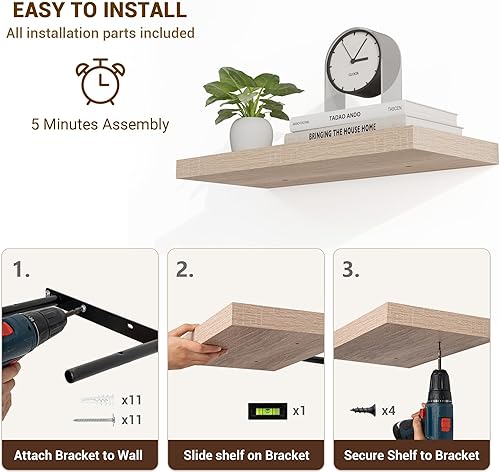 Miniatura 6 de Estantes flotantes de 24 pulgadas, con textura 3D de veta de madera, estantes flotantes de pared de 24"x9.25"x1.5" de profundidad, estantes de Roble