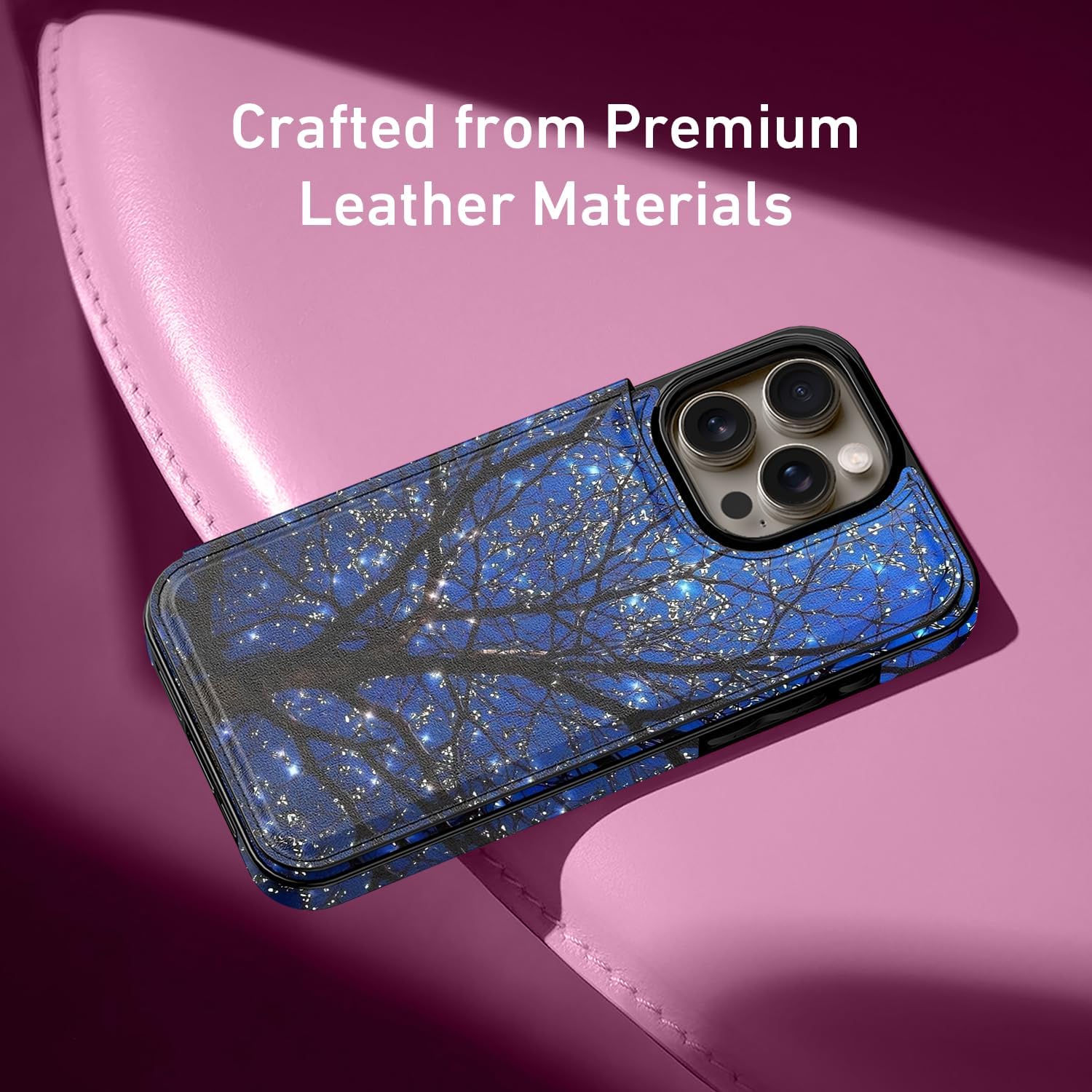 FUNMIKO for iPhone 13 Pro Max Wallet Case with Card Holder, RFID-Blocking, Military-Grade Protection & UV-Printed Artwork, Magnetic Closure with Leather Kickstand - Dreamy Wishing Tree - Image 4