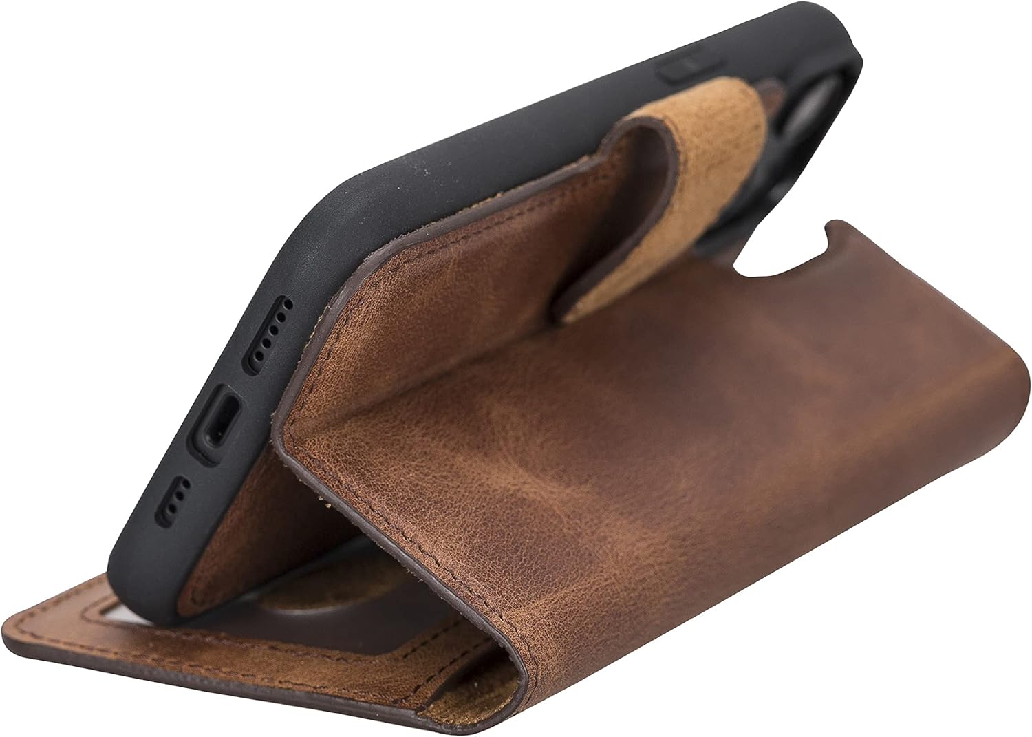 HARDISTON Genuine Premium Leather Handmade Wallet Case for iPhone 14 Pro Max - MagSafe Compatible - Double Folio Card Holders - Detachable Magnetic Flip Cover - Horizontal Kickstand (Brown)