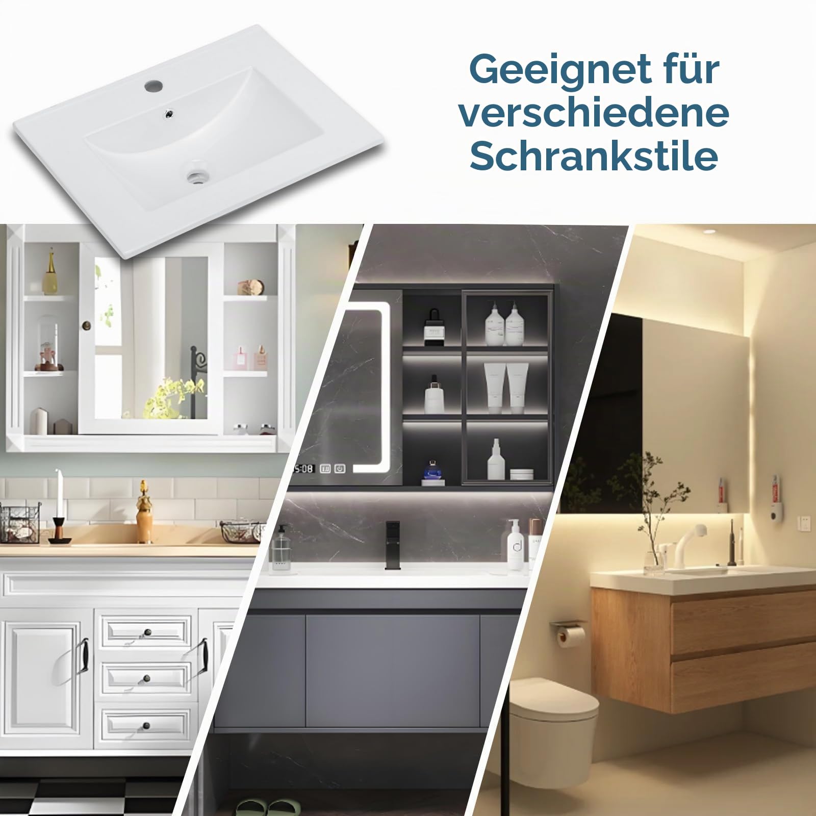 LEADZM Einbauwaschbecken für Badezimmer, Aufsatzwaschbecken Keramik Weiß | Waschbecken Einsatz für Waschtisch, Handwaschbecken für Gäste WC, ohne Wasserhahn, 61 x 46 cm (Waschtisch)