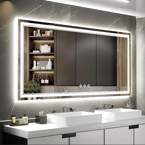 VanPokins Espejo de baño LED con luces, 72 x 36 pulgadas, espejo LED con luz frontal y retroiluminada, 3 colores regulables CRI90, doble luz, IP54
