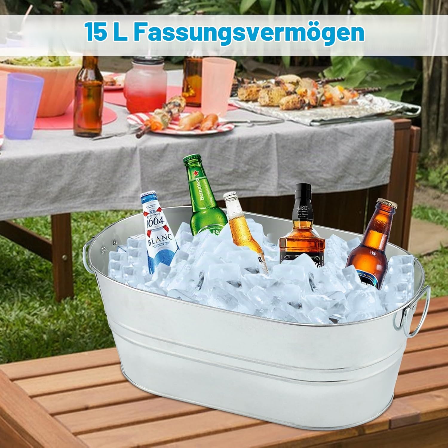 4 Stück 13 Liter Rund Verzinkter Stahl Getränkekühler mit Schaufeln Getränkewanne Sektkühler, Flaschenkühler, Kühlwanne, Eiskübel, Eiseimer für Garten-Party