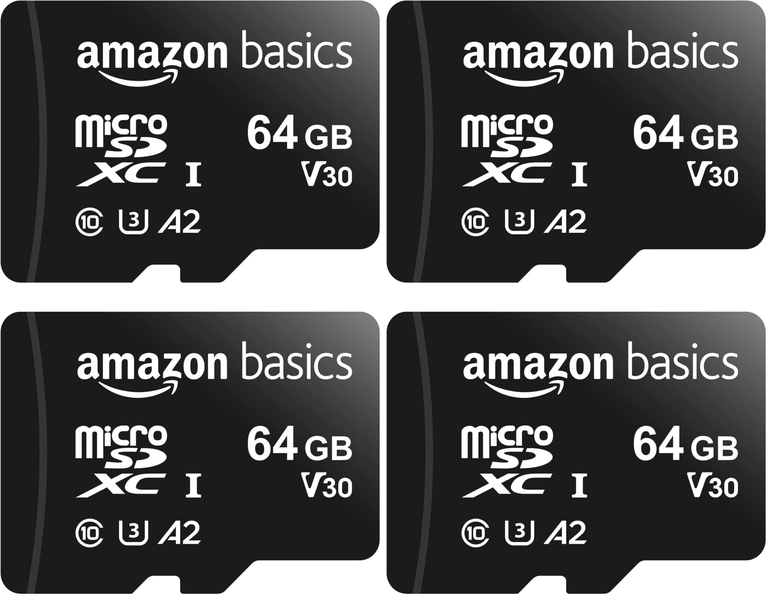 Amazon Basics Tarjeta de Memoria microSDXC con Adaptador de tamaño Completo, A2, U3, Velocidad de Lectura de hasta 100 MB/s, 64 GB, Negra (Paquete de 4)