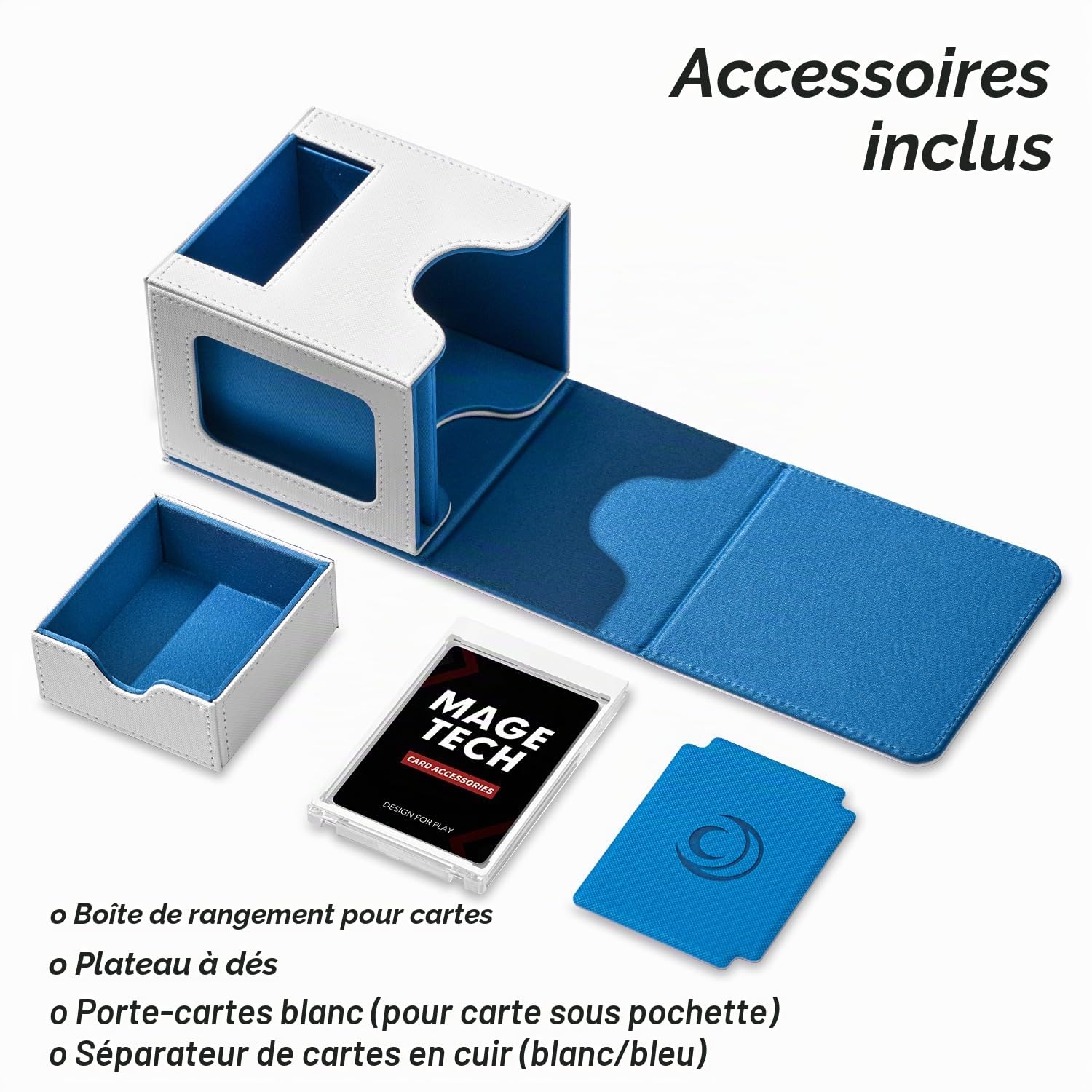 Mage Tech Card Deck Box for MTG Commander - Patented Design, Commander Display, Fits 100 Double-Sleeved Cards, 35pt Card Brick & Dice Tray - White/Blue