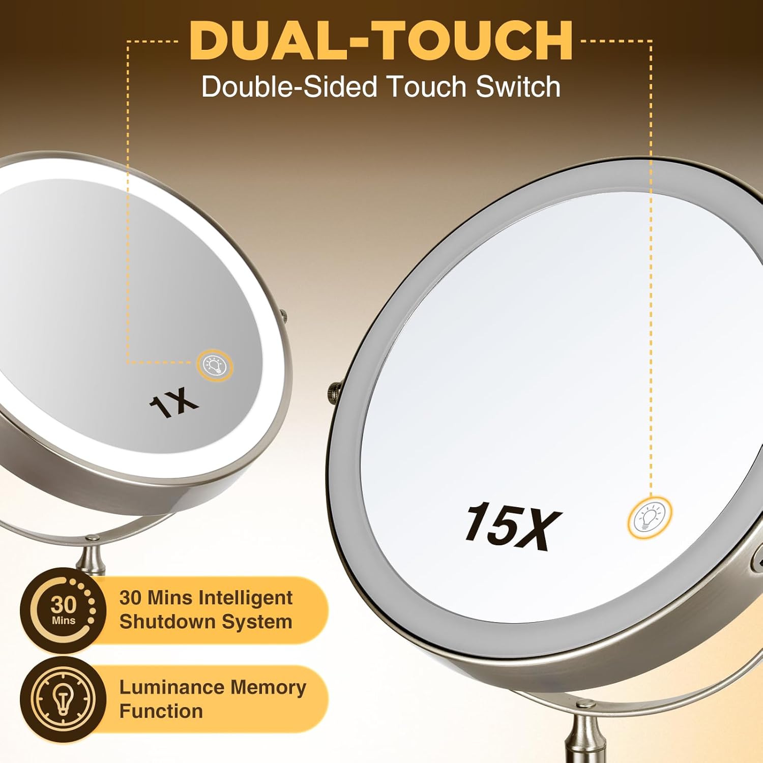 Magnifying Mirror with Lights 1x/15x: 8.5" Double Sided Wall Mounted Lighted Makeup Mirror for Bathroom, 3 Color Lights & 360°Swivel Vanity Mirror, Brushed Nickel