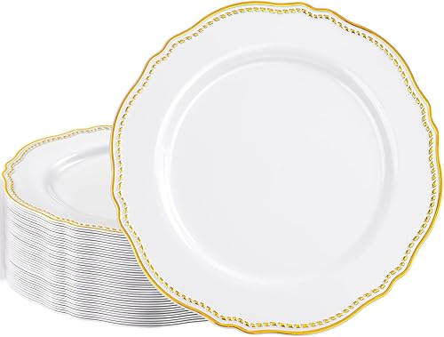 Hioasis 60 platos de plástico dorados, vajilla desechable blanca y dorada con borde dorado, resistente, 10.25 pulgadas, platos llanos para fiestas y