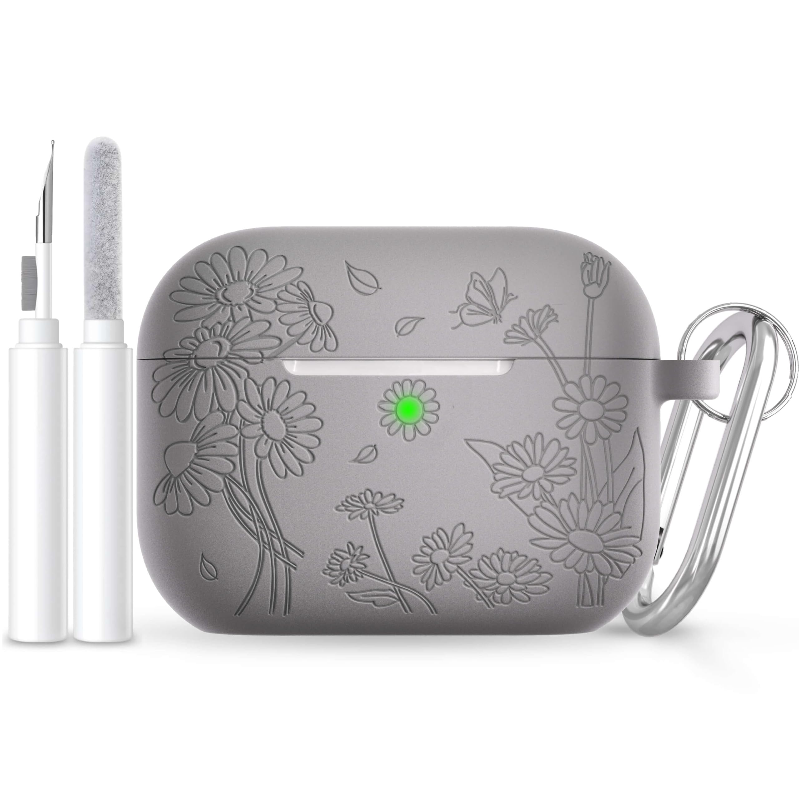 for AirPods Pro 3 Case (2025) DamonLight Daisy Floral Engraved Shockproof Protective Soft Silicone Case Cover with Cleaning Pen and Keychain for Apple Airpods Pro 3rd Generation (Gray)