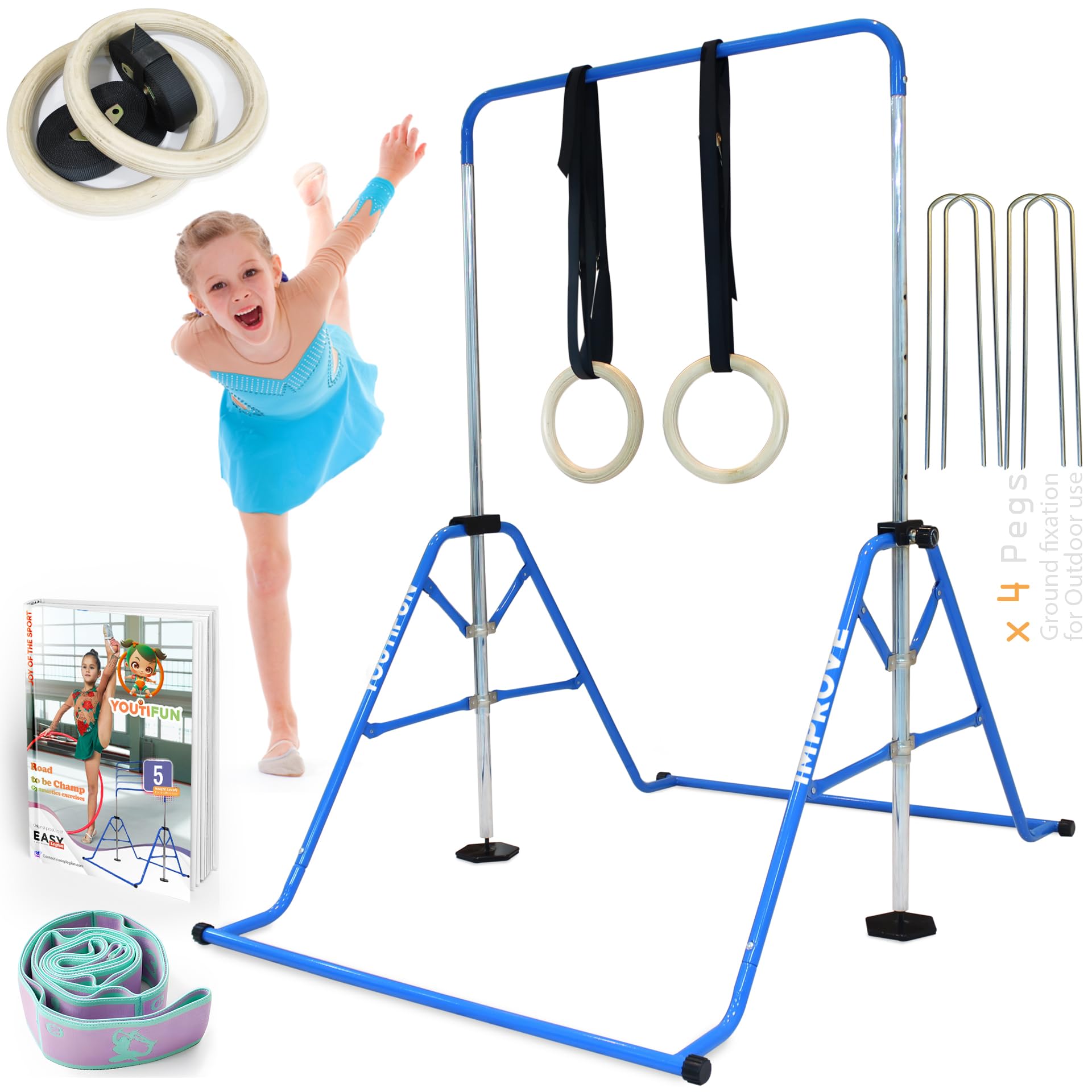 YOUTIFUN Gymnastics Bar, Kids Gym Equipment 5 Level Height Adjustable Pull Up Horizontal Gymnastic Bar, Gymnastics Equipment for Home for Girls & Boys, 3 to 12 years old (Steel bar, Blue)