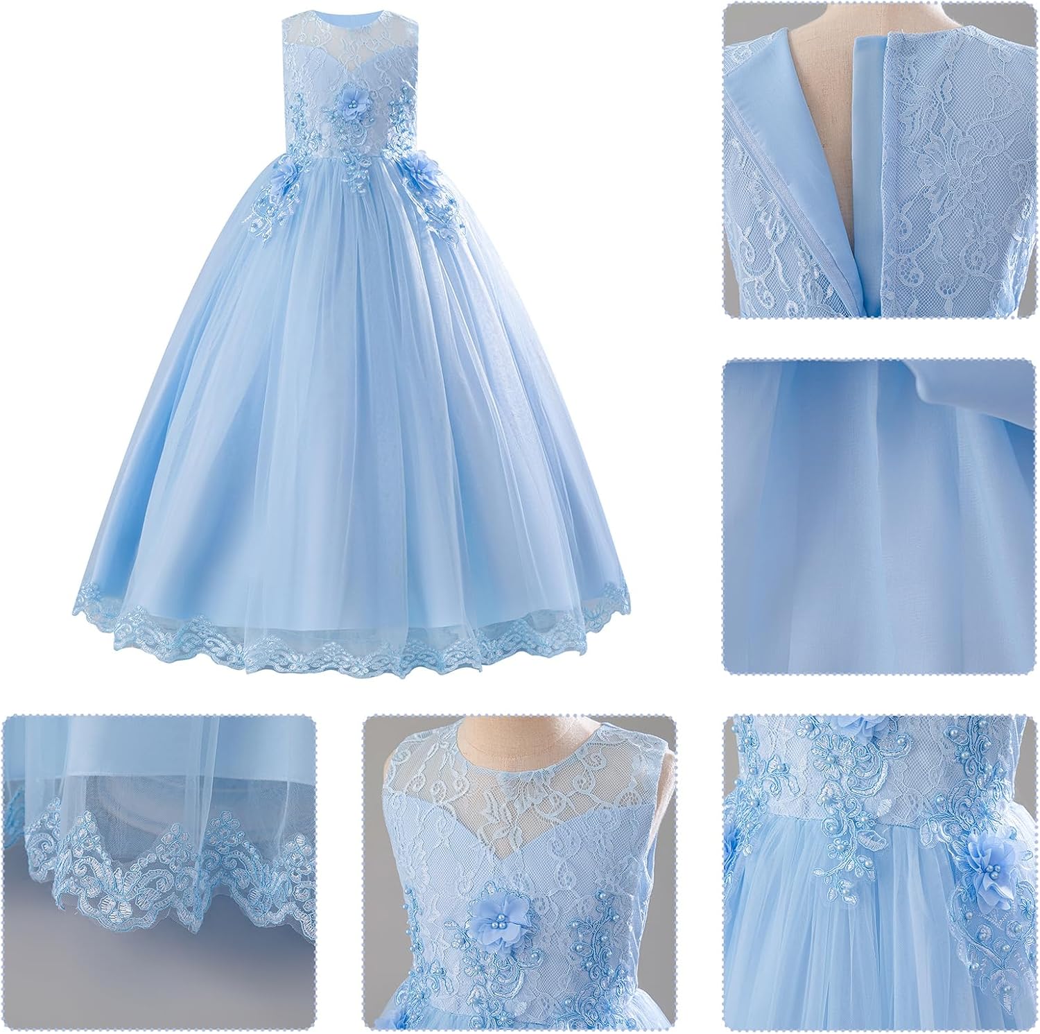 IDOPIP Flower Girl Lace Dress for Kids Wedding Pageant Formal Party Long Gown Princess First Communion Maxi Tulle Dresses - Image 5