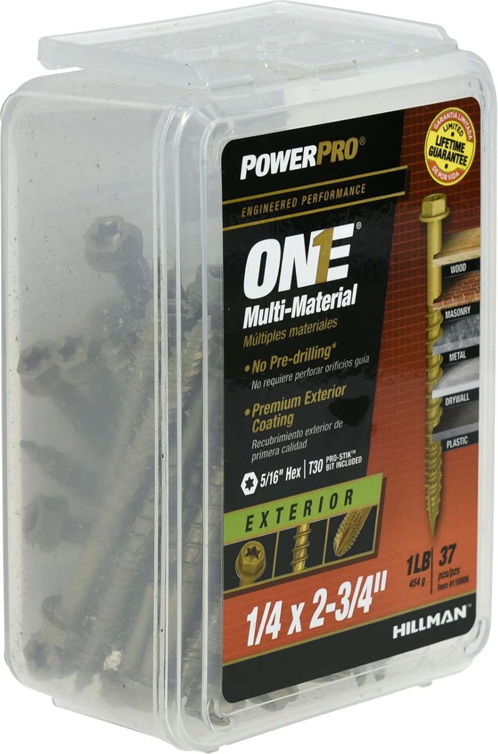 Power Pro Premium One Multi-Material Hex Washer Head Screws, Epoxy Coated Steel, Fasten in Wood, Metal, Concrete, Drywall and Plastic, Bronze, ¼ x 2-¾ inches, Box of 37 Screws