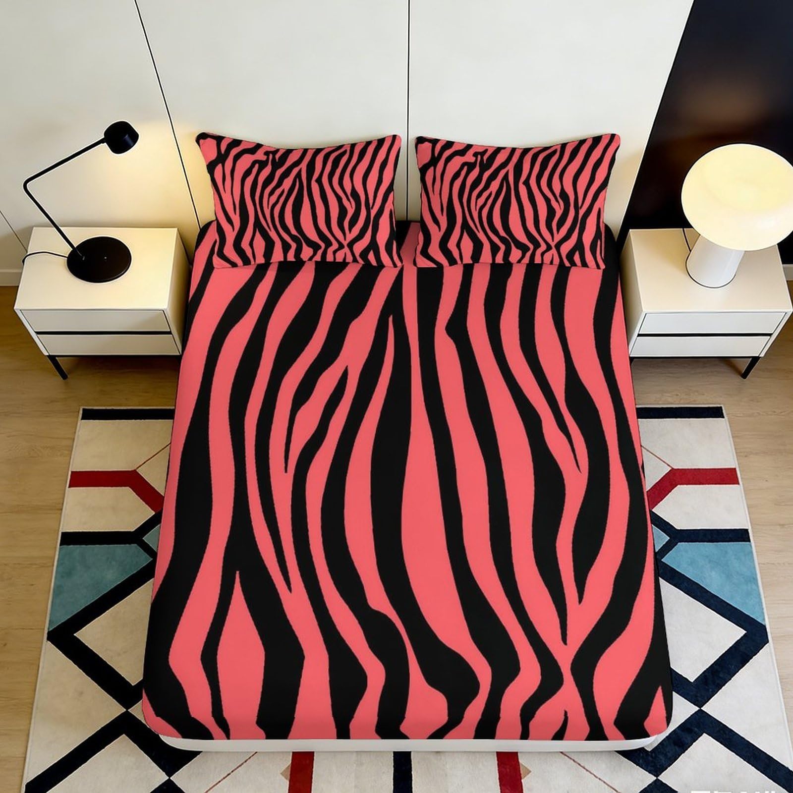 3D Printed Pink Zebra Fitted Sheet Microfiber Soft Breathable Animal Stripe Bed Cover for Bedroom Dorm Mattress Protection Decor 160x200x25cm