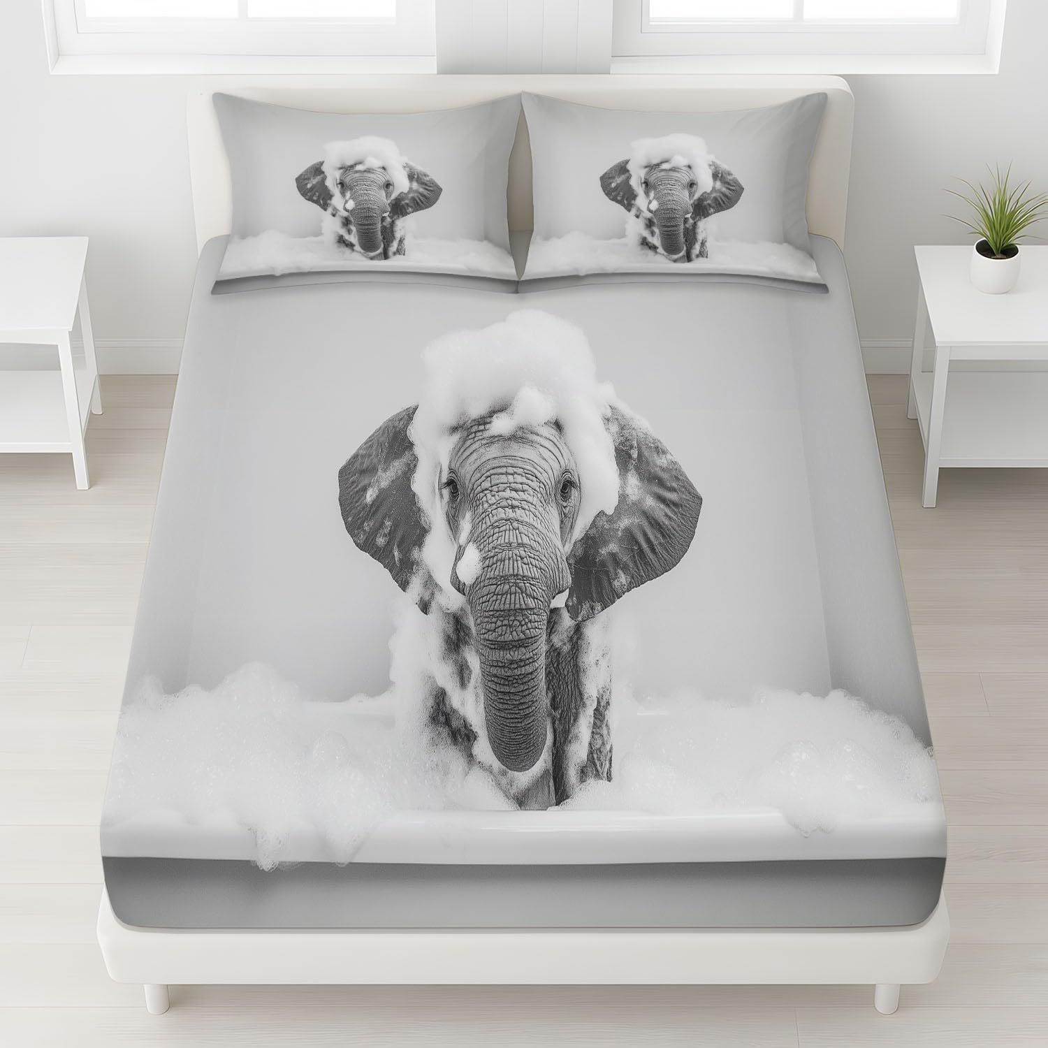 Bubbles Fitted Sheet Elephants Bed Sheets Deep Pocket 12 inch (30 cm) Soft Cozy 3 Piece Microfibre Bed Sheet 200x200 cm with 2 Pillowcases 50x75 cm