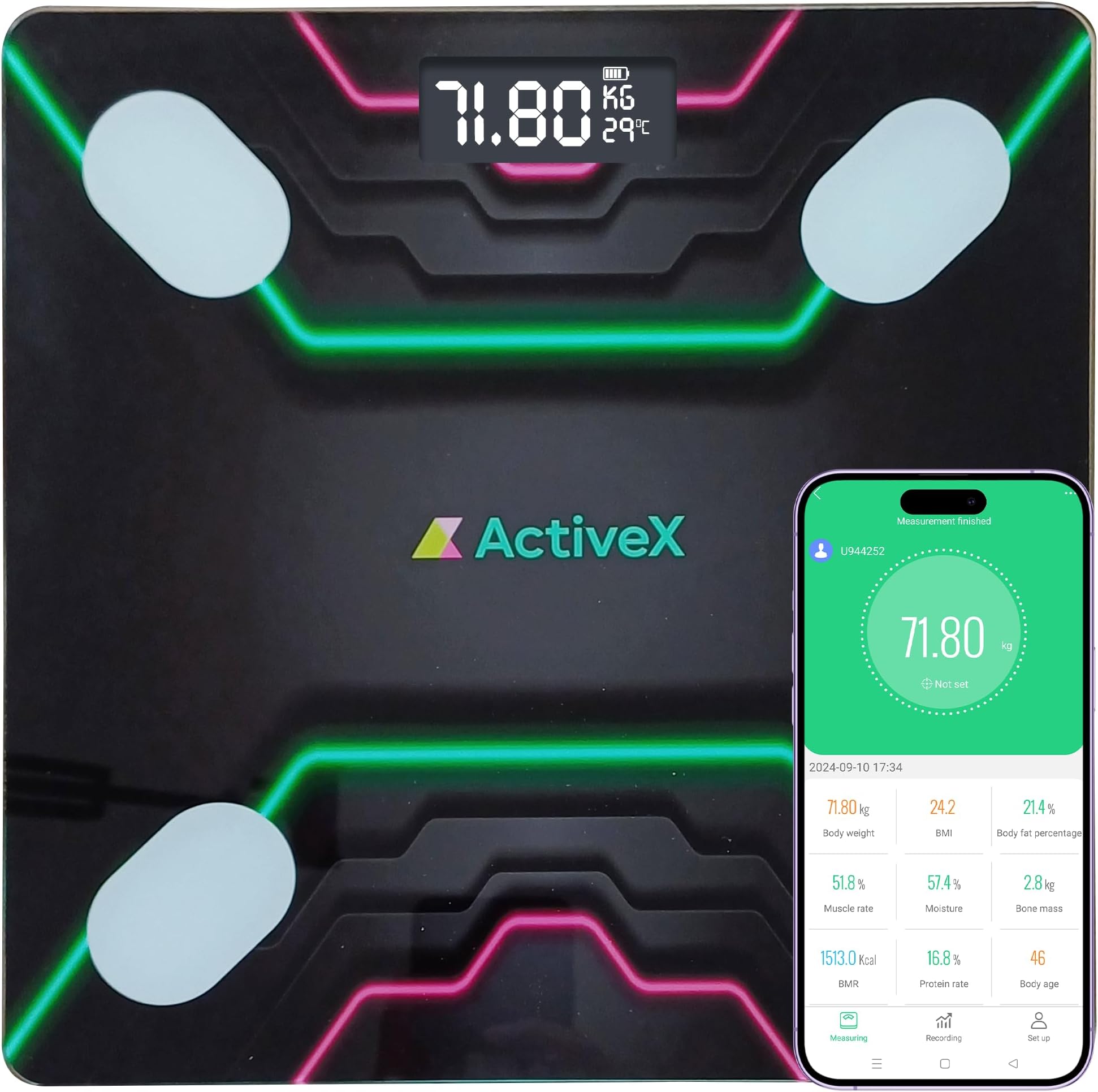 Ivy+ (Australia) Smart Bluetooth Digital Body Weight Scale with BMI with Easy-to-Read Super Bright LED and Free Smartphone App, Black with Measuring Tape