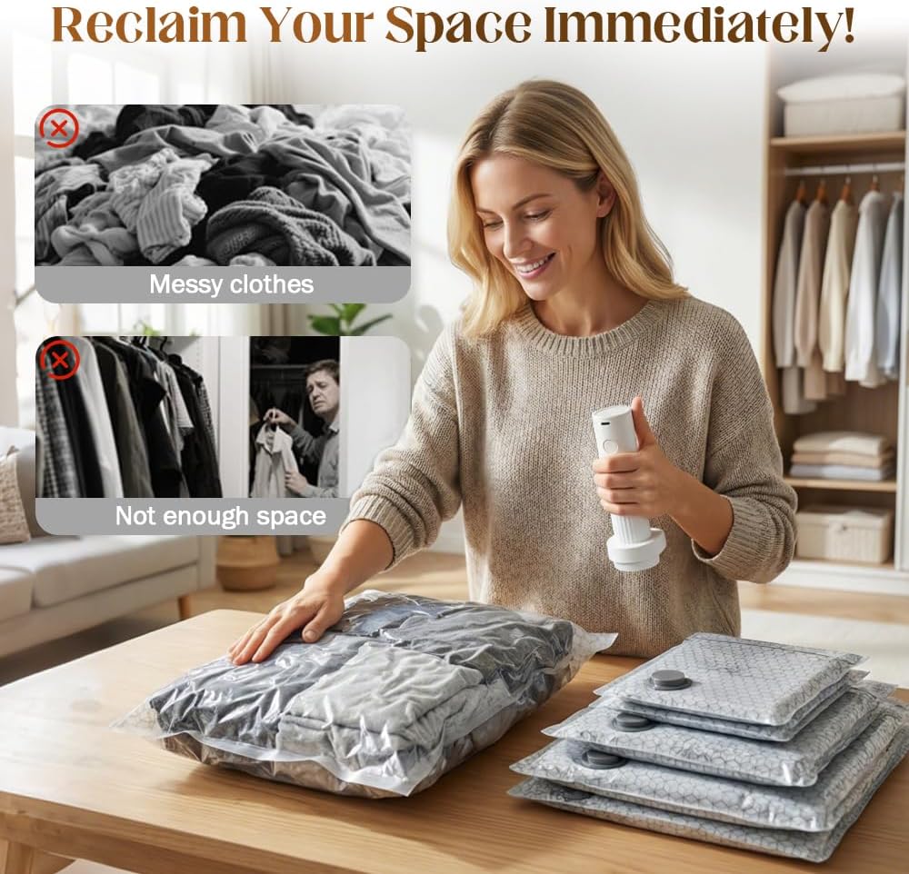 Travel Vacuum Bags with Pump, Vacuum Seal Bags for Clothing Travel, Carry-On Size Compression Packing Bags for Luggage and Suitcase (12 Pack with Rechargeable Pump)