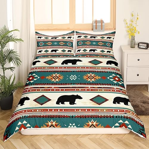 Miniatura 3 de Manfei Juego de funda de edredón de oso rústico, tamaño individual, funda de edredón tribal étnica verde azulado con 1 funda de almohada, juego de