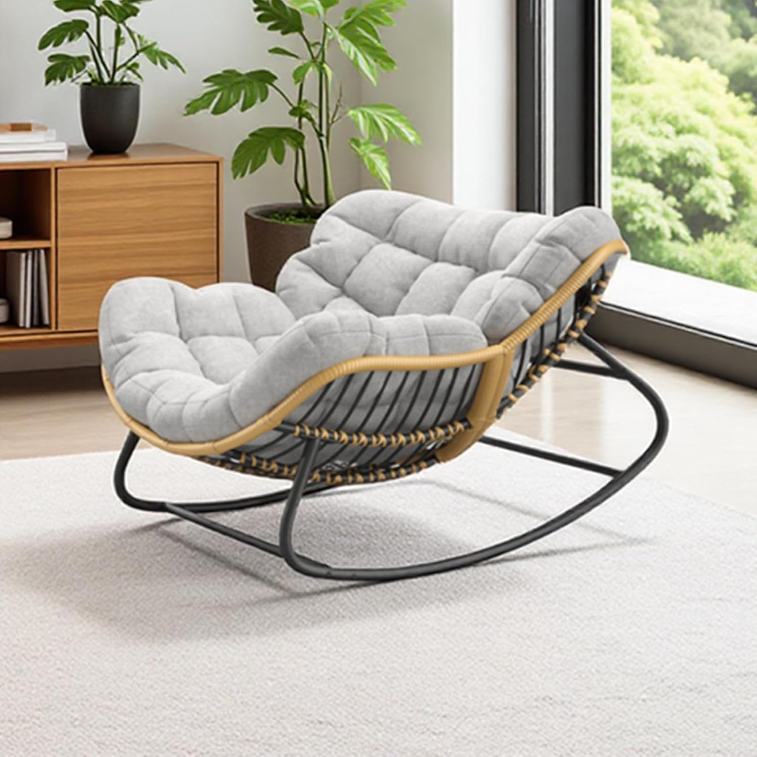 Oversized Papasan Rocking Chair with Thick Cushion, Rattan Wicker Egg Chair for Indoor/Outdoor Patio, Bedroom, Living Room, Porch, or Backyard – Grey