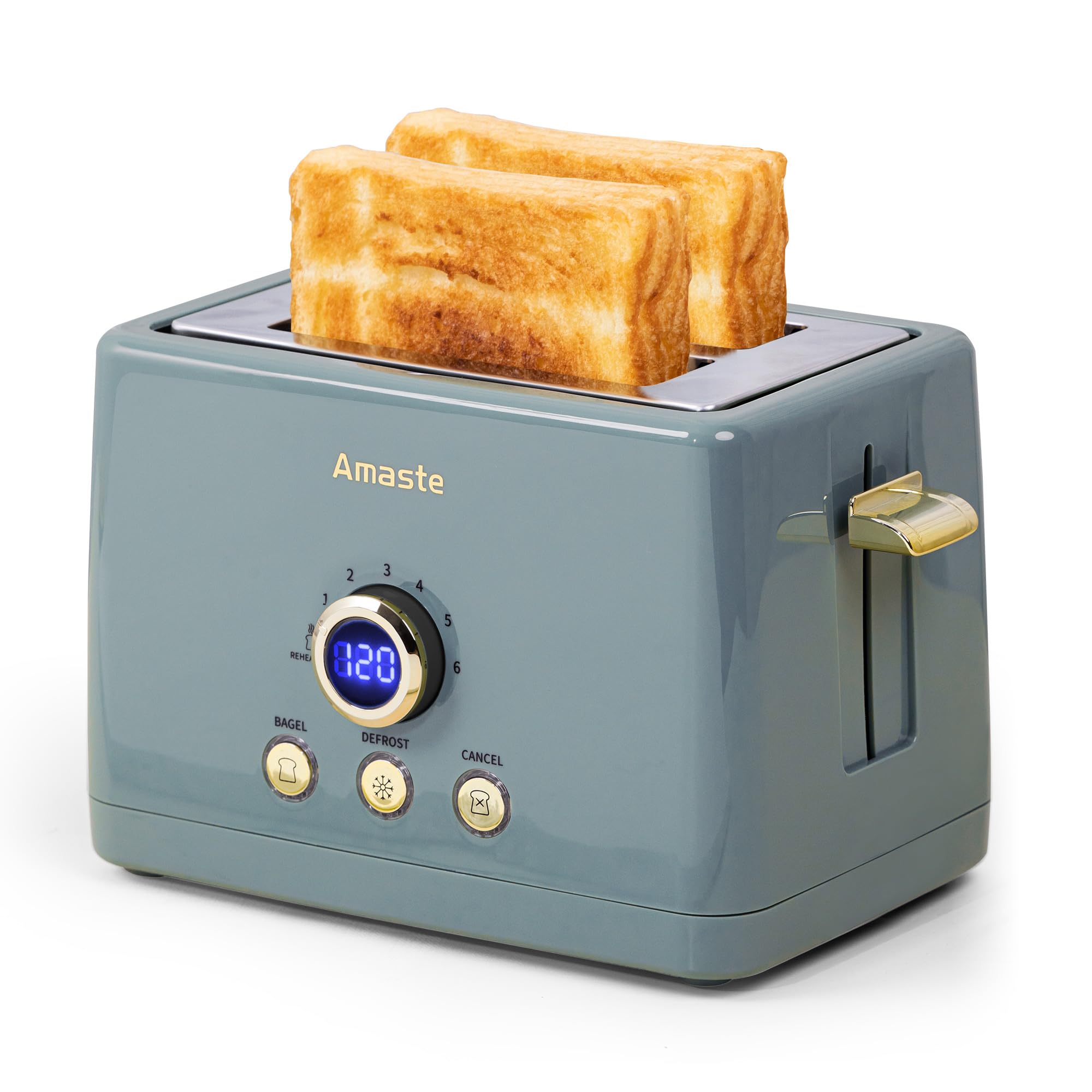 2 Slice Toaster, Retro Bread Toaster with LED Digital Countdown Timer, Extra Wide Slots Toasters with 6 Bread Shade Settings, Bagel, Defrost Function, High Lift Lever, Removal Crumb Tray, Ash Blue