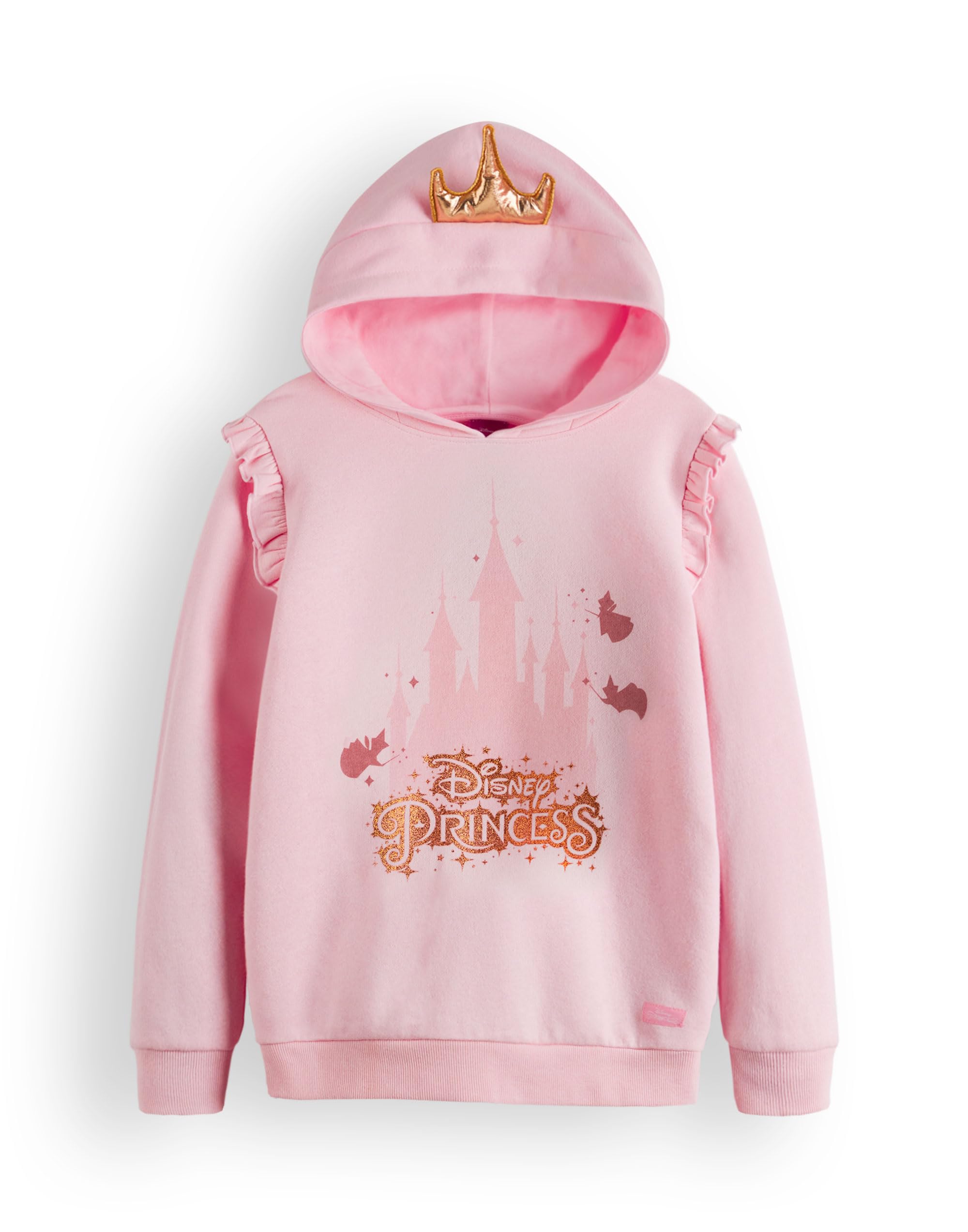 Disney Princess Girls Hoodie | Kids Pink Graphic Hooded Sweatshirt 3D Crown | Ruffled Arm Hem Good Fairies Apparel Sweater