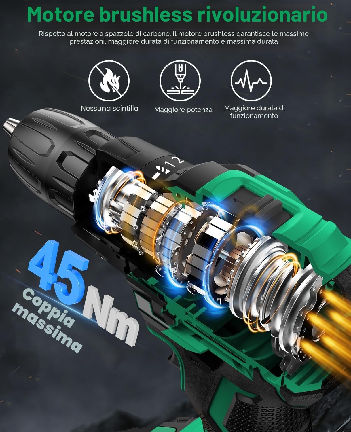 Taladro Atornillador Batería Sin Escobillas, BETENST Atornillador Electrico 21V con 2.0Ah Baterías, 45N.m Taladro Inalámbrico, 20 Ajuste de Par, 20 Accesorios, 2 Velocidad, Luz LED Para Bricolaje