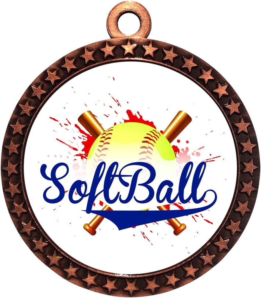 10 Pack of Softball Bronze 2.25 Inch Medals Trophy Awards with Red White Blue Neck Ribbons D212B-EG190-10PK