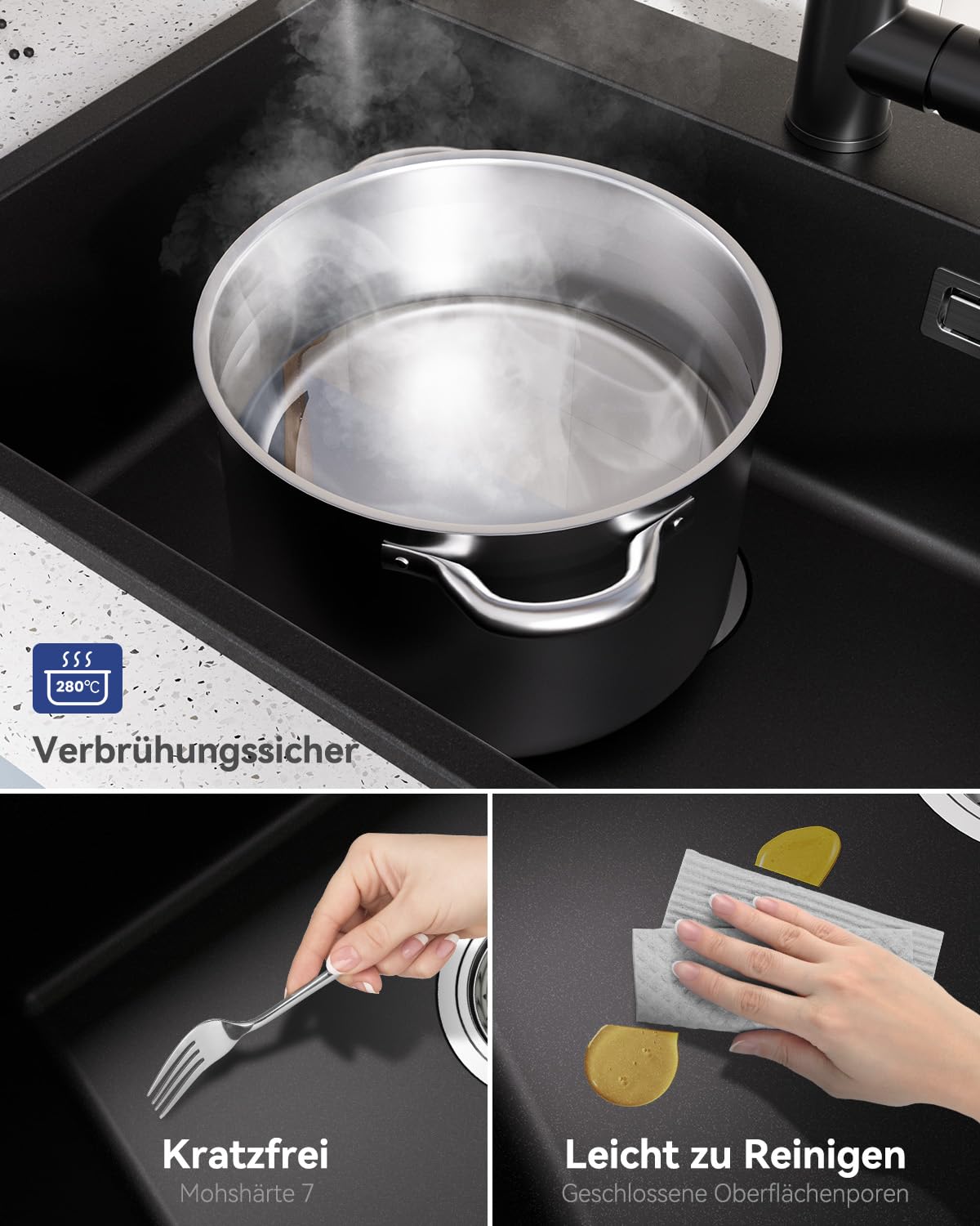 Évier de Cuisine Noir Granit 60x45cm, Évier Noir, Lavabo de Cuisine, Grande Évier de Cuisine en Granit, Évier de Cuisine Moderne Rectangulaire, Évier Simple avec 2 Trous de Robinet, Évier de