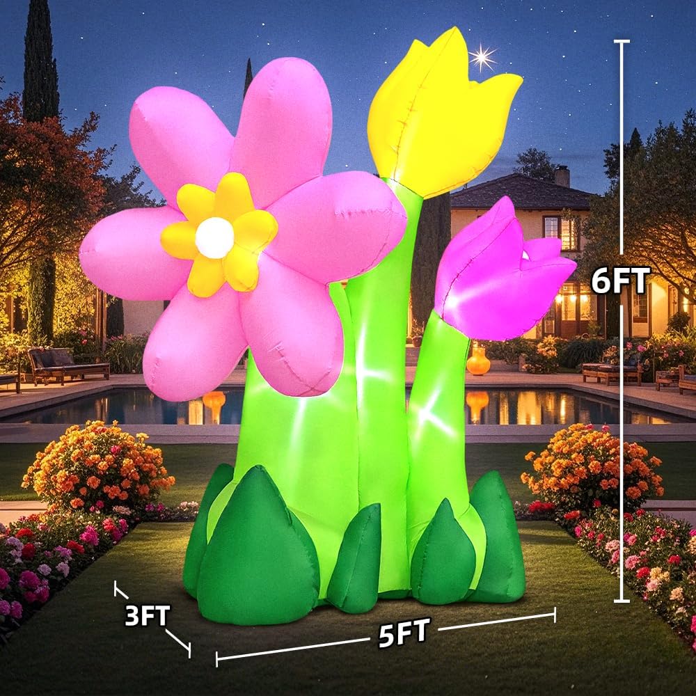 6FT Spring Easter Inflatable Flowers Outdoor Decoration Inflatables 3 Flowers Blow Up Inflatable Decoration Built-in LED Lights for Spring Easter Holiday Garden Lawn Party