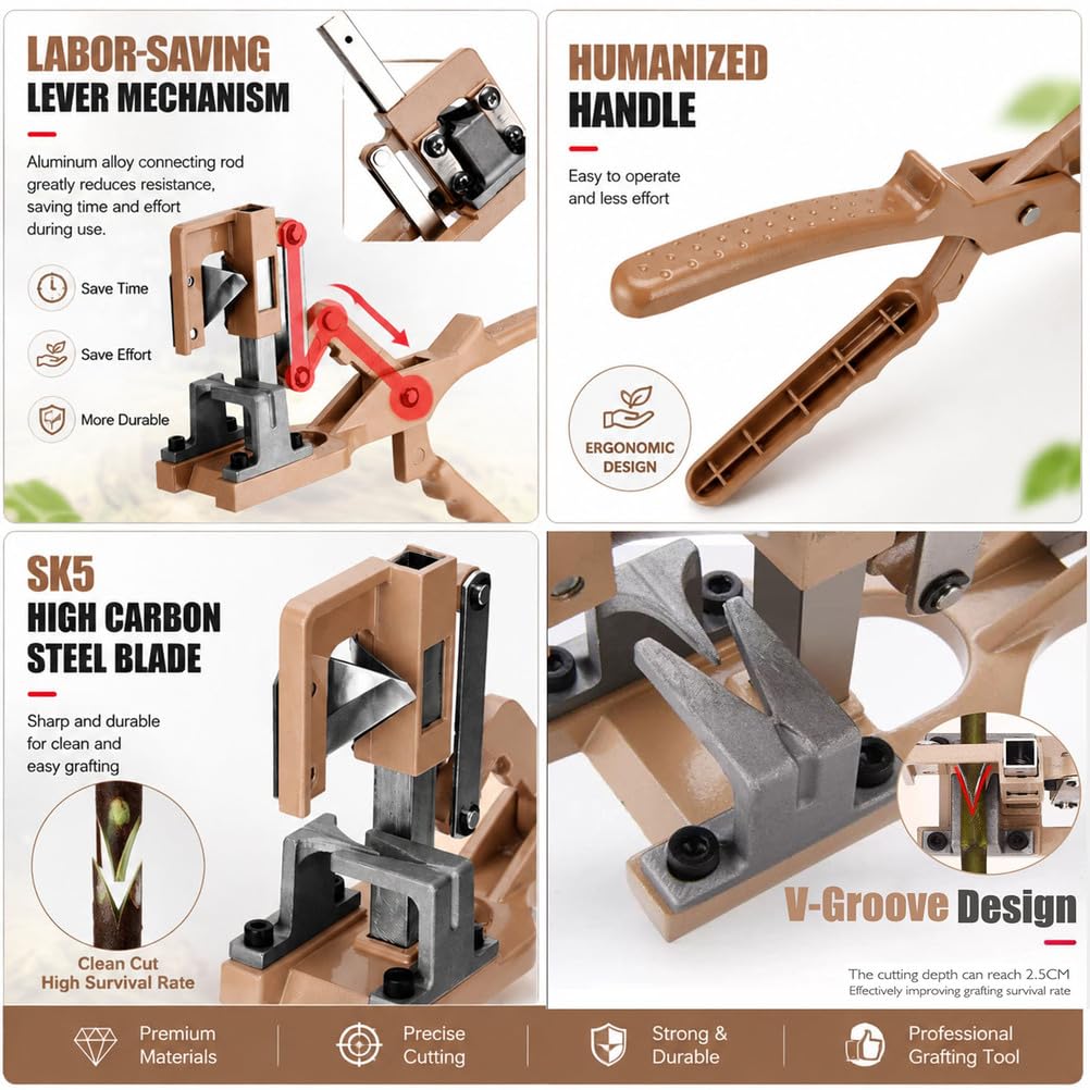 Kit Pinza per Innesto a V per Alberi da Frutto, Attrezzo in Lega di Alluminio con Lama SK5 Sostituibile e Nastro per Innesto, per Rami da 8-20 mm in Giardino e Frutteto